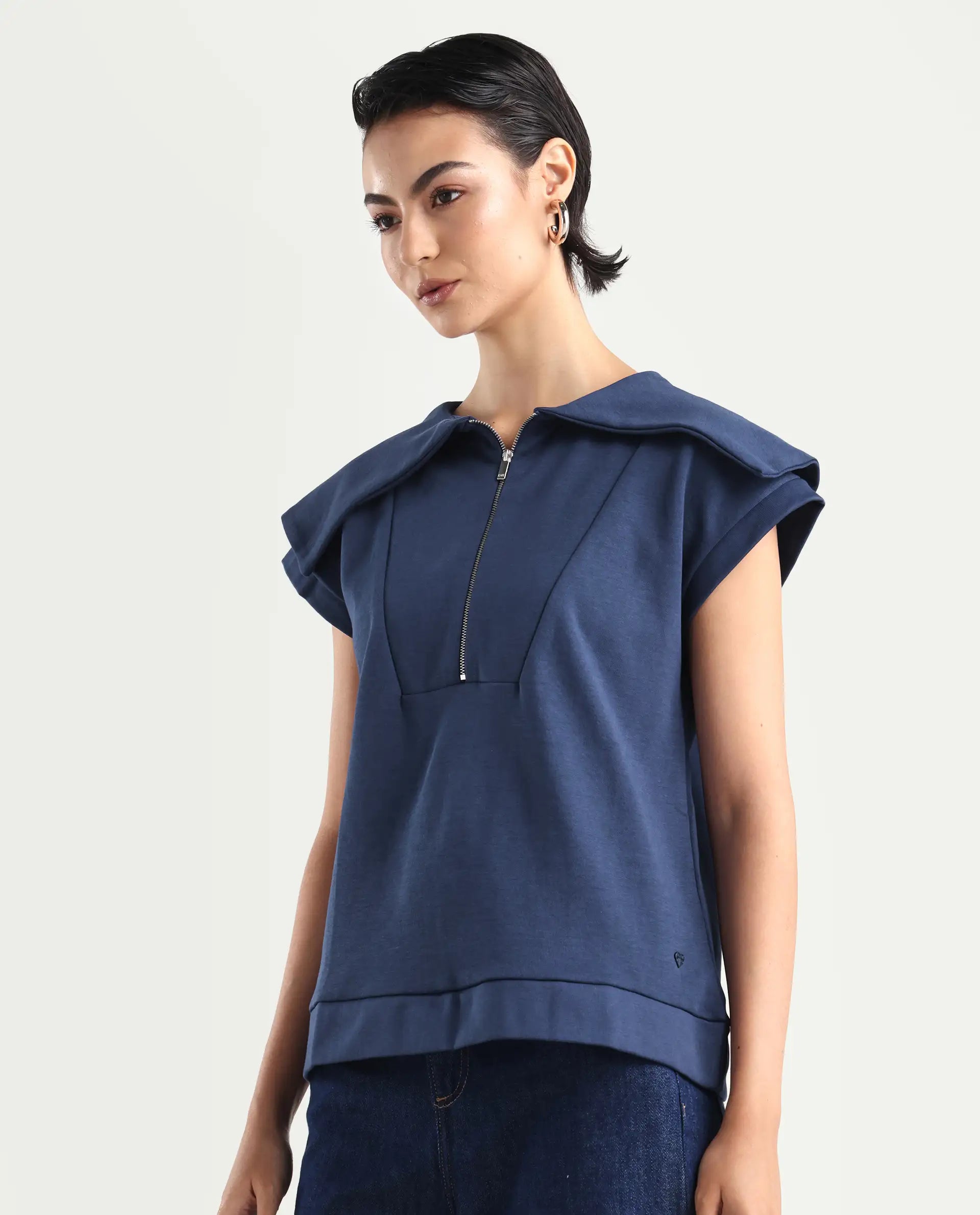 Rareism Women's Sail Navy Cotton Spread Collar Plain Extended Sleeves Relaxed Fit Sweatshirt