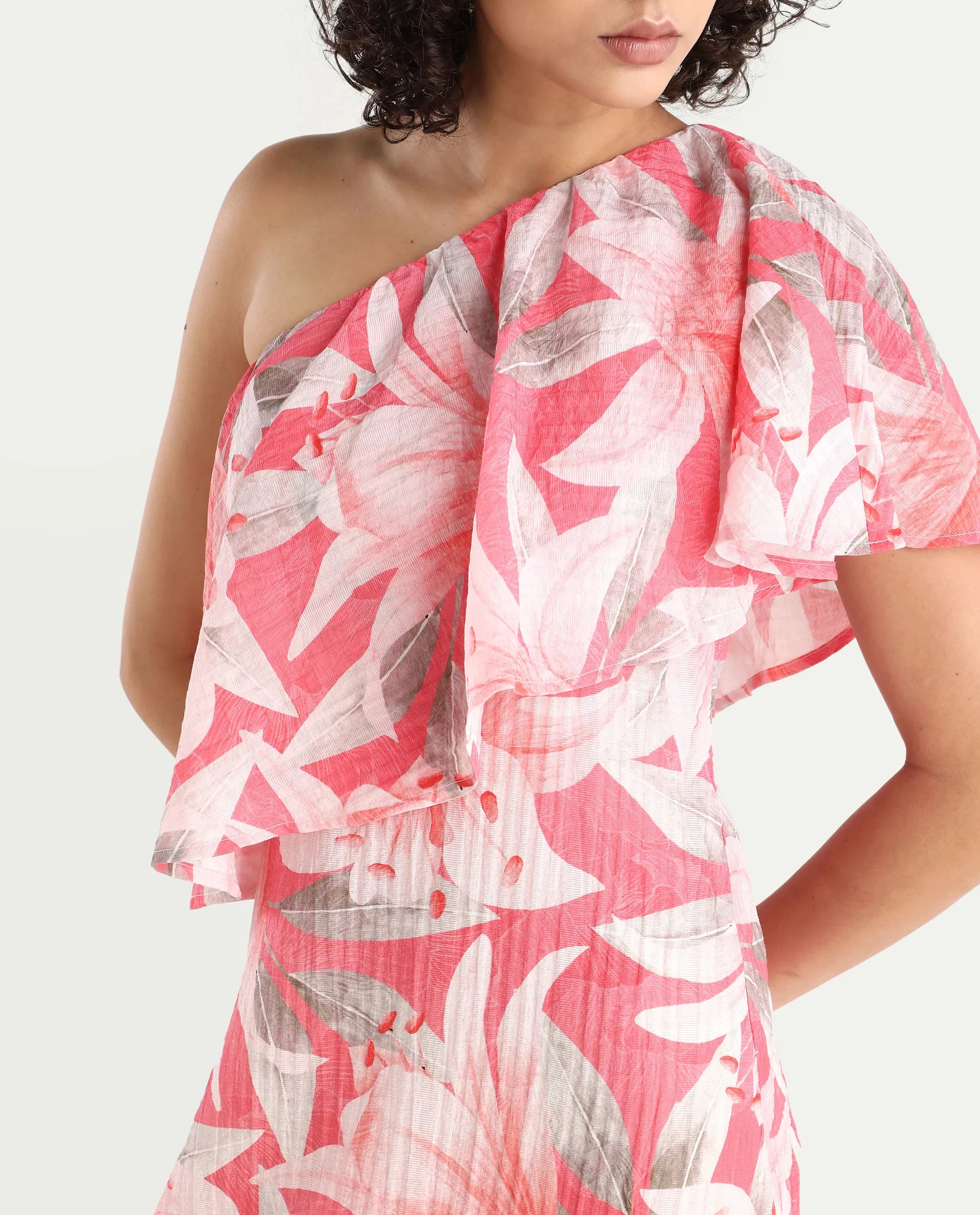 Rareism Women's Sailor Pink Polyester One Shoulder Floral Print One Shoulder Midi Fit And Flare Dress