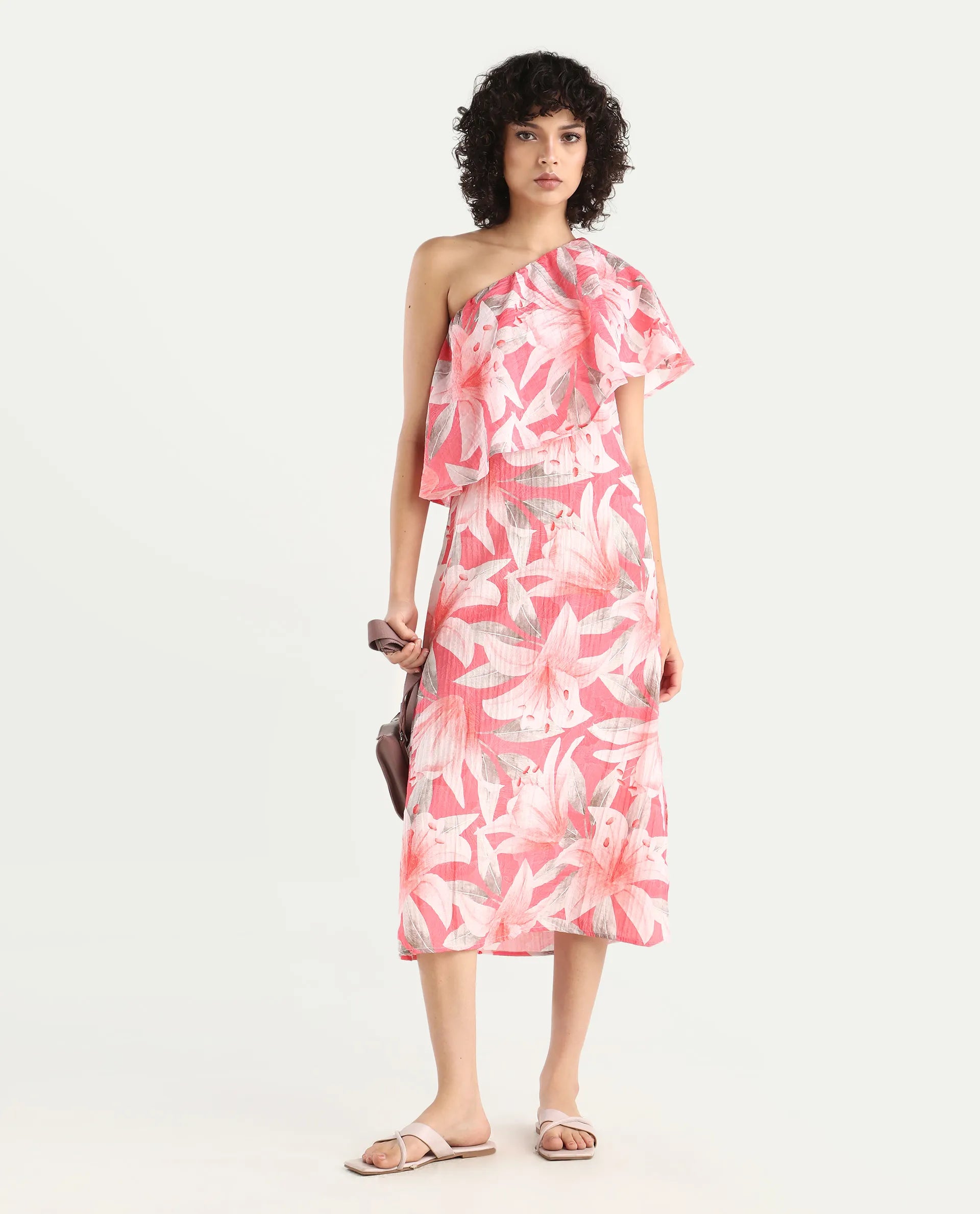 Rareism Women's Sailor Pink Polyester One Shoulder Floral Print One Shoulder Midi Fit And Flare Dress