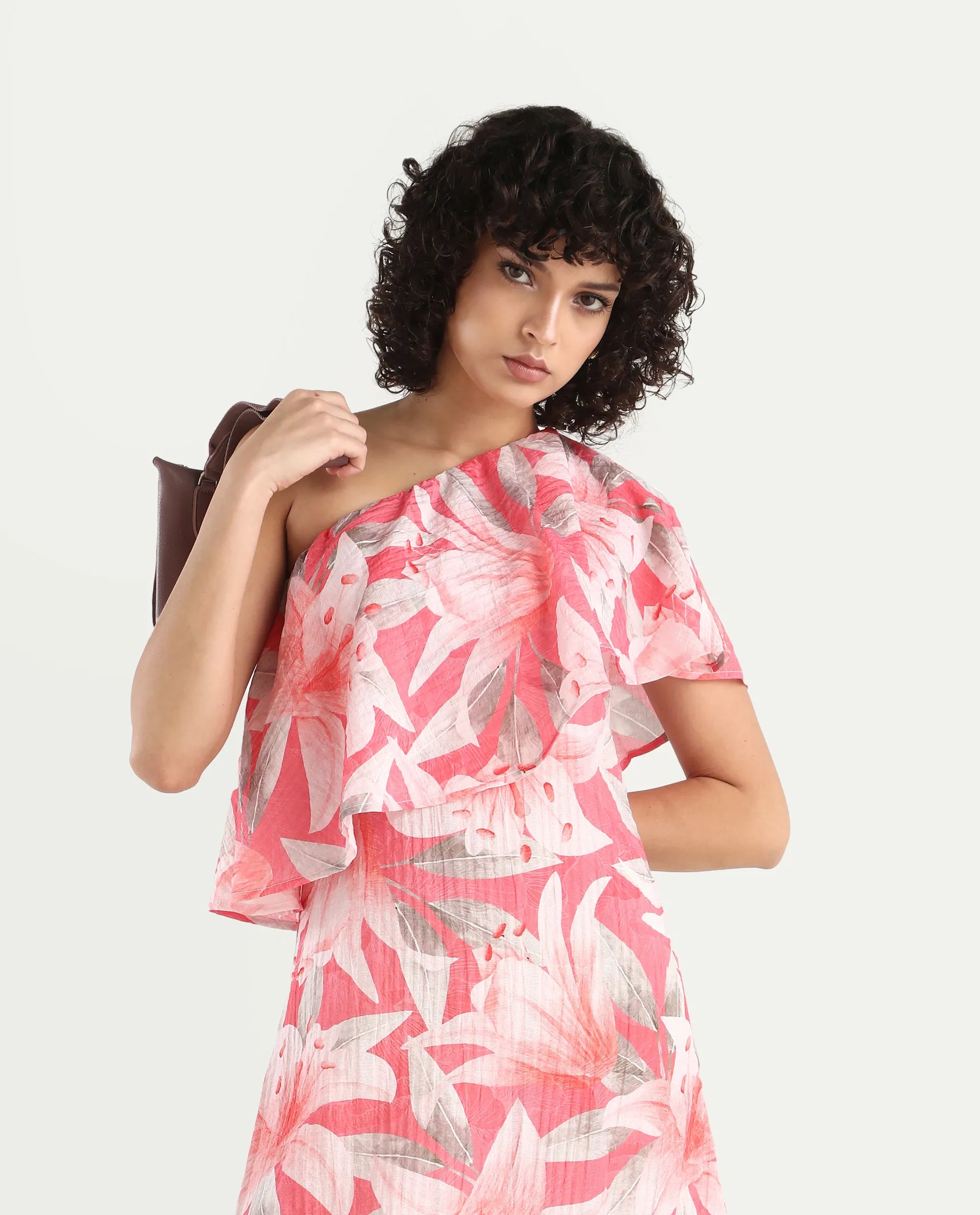 Rareism Women's Sailor Pink Polyester One Shoulder Floral Print One Shoulder Midi Fit And Flare Dress