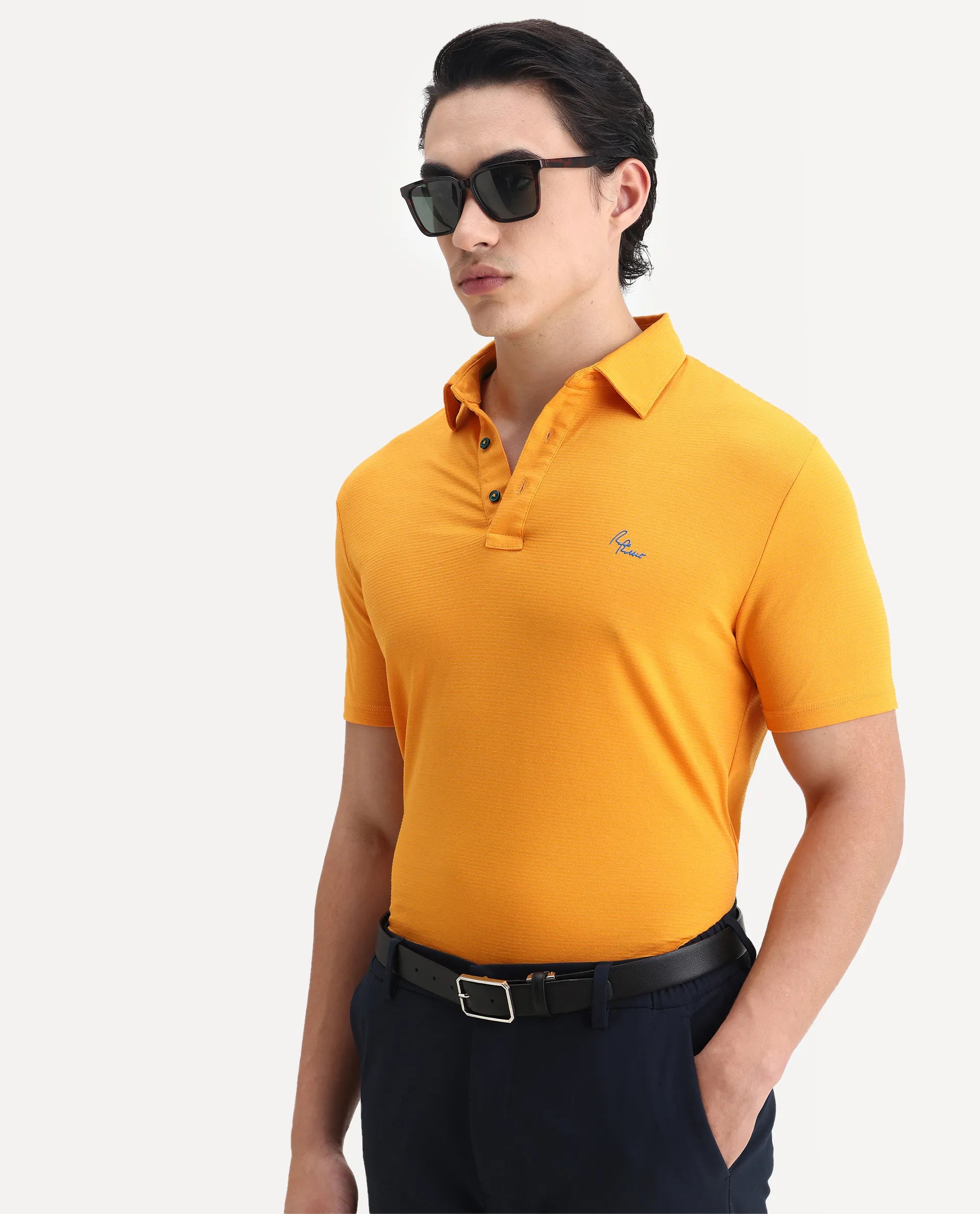 Rare Rabbit Men's Sailor Yellow Polyester Striped Print Regular Fit Half Sleeve Polo