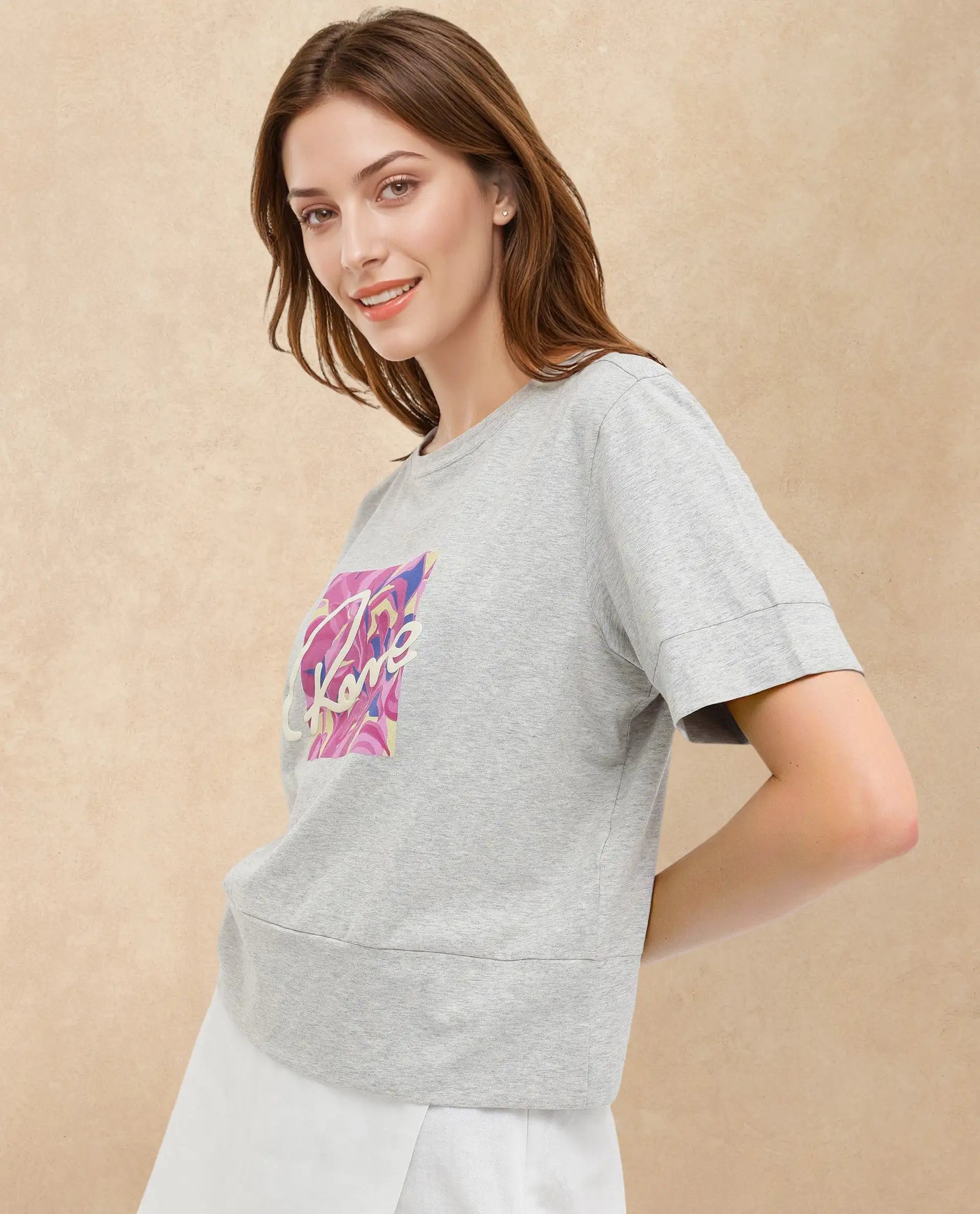 Rareism Women Sandre Melange Grey Cotton Elastane Fabric Crew Neck Knit Solid T-Shirt