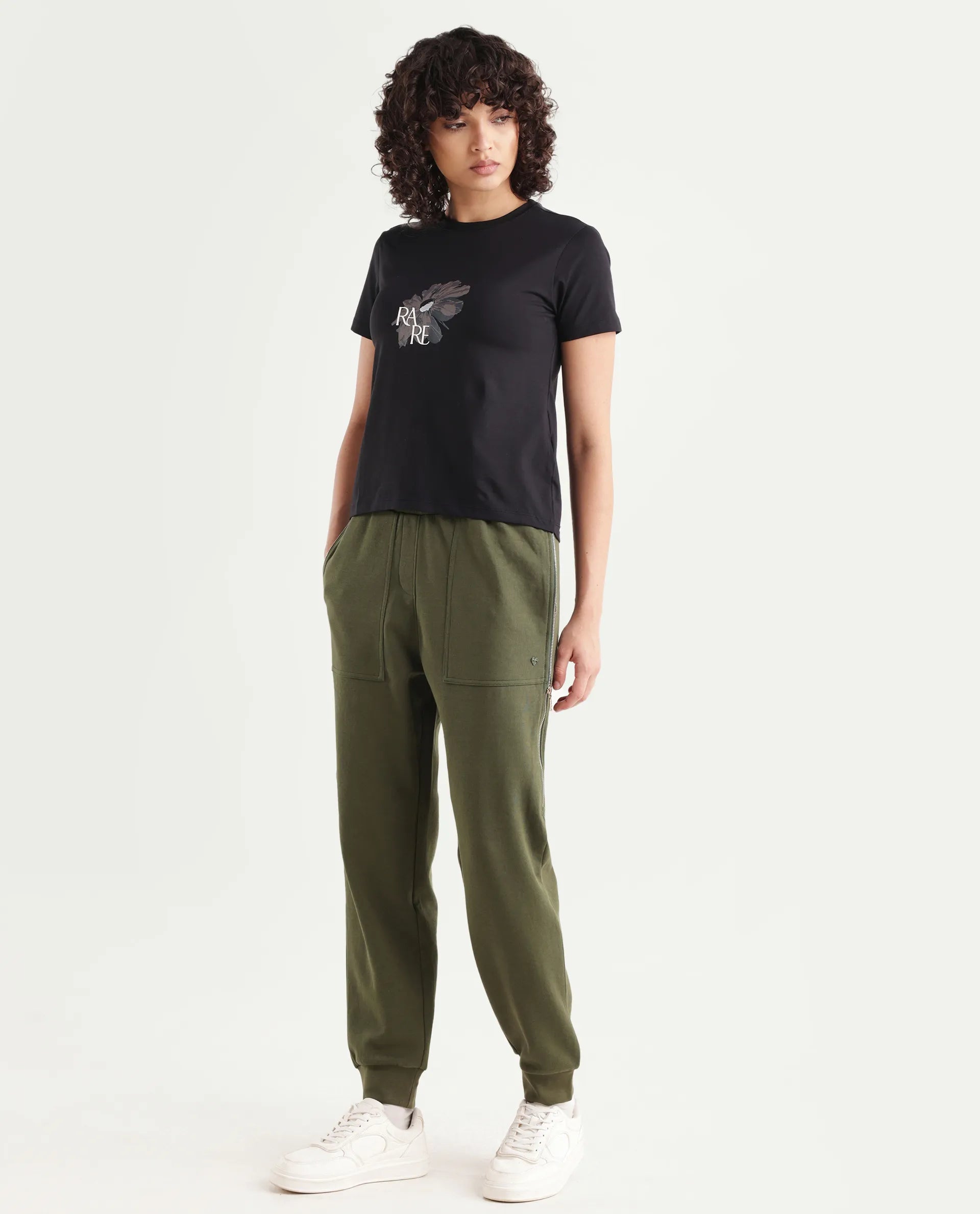Rareism Women's Saints Olive Cotton Blend Plain Ankle Length Regular Fit Track Pant