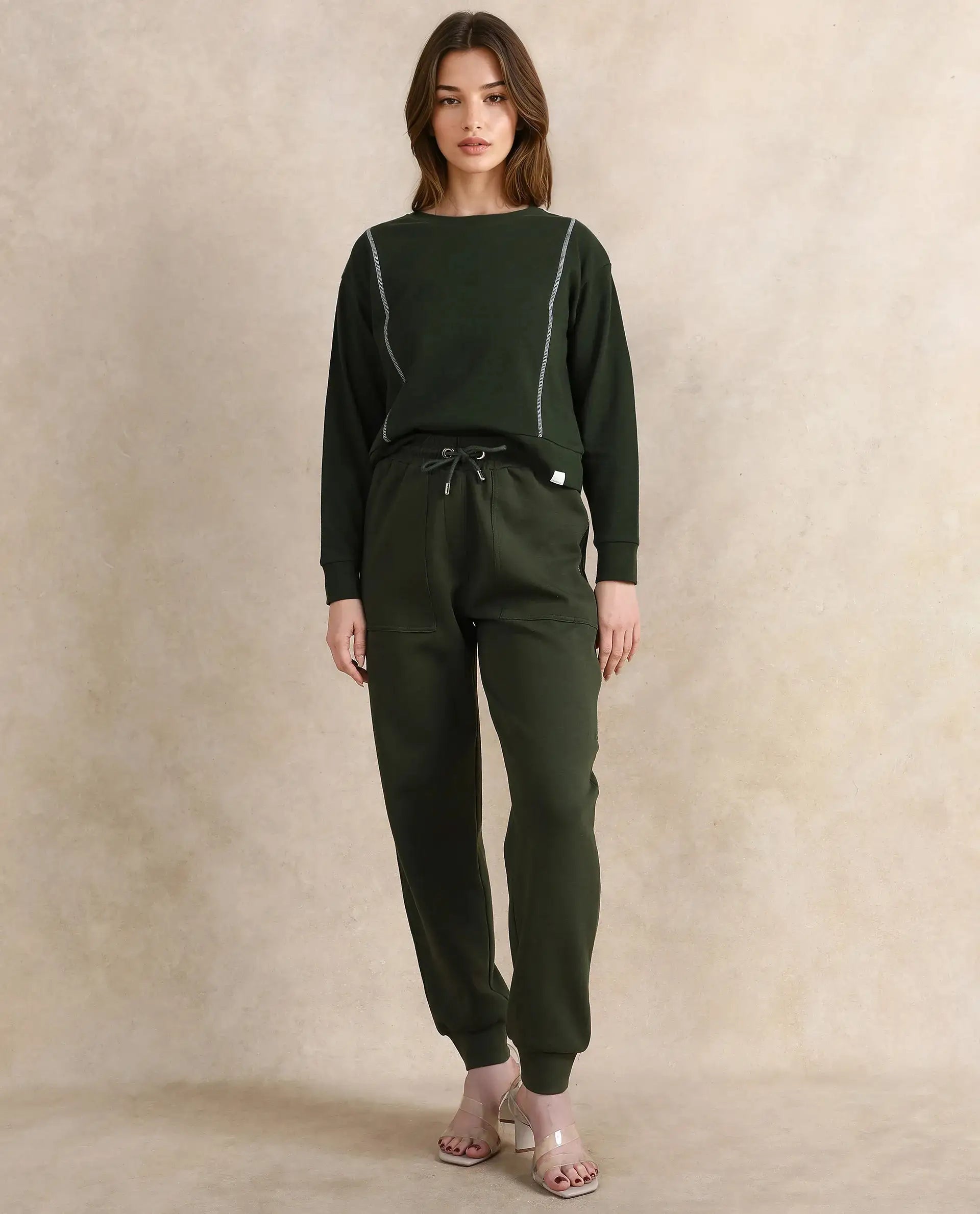 Rareism Women Saints Olive Cotton Blend Fabric Ankle Length Plain Track Pant