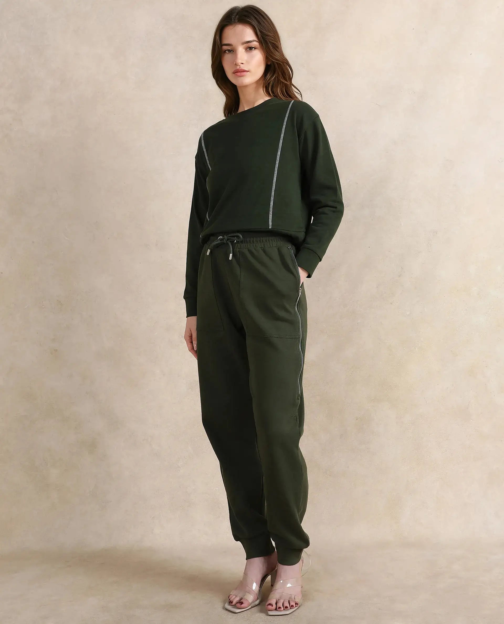 Rareism Women Saints Olive Cotton Blend Fabric Ankle Length Plain Track Pant