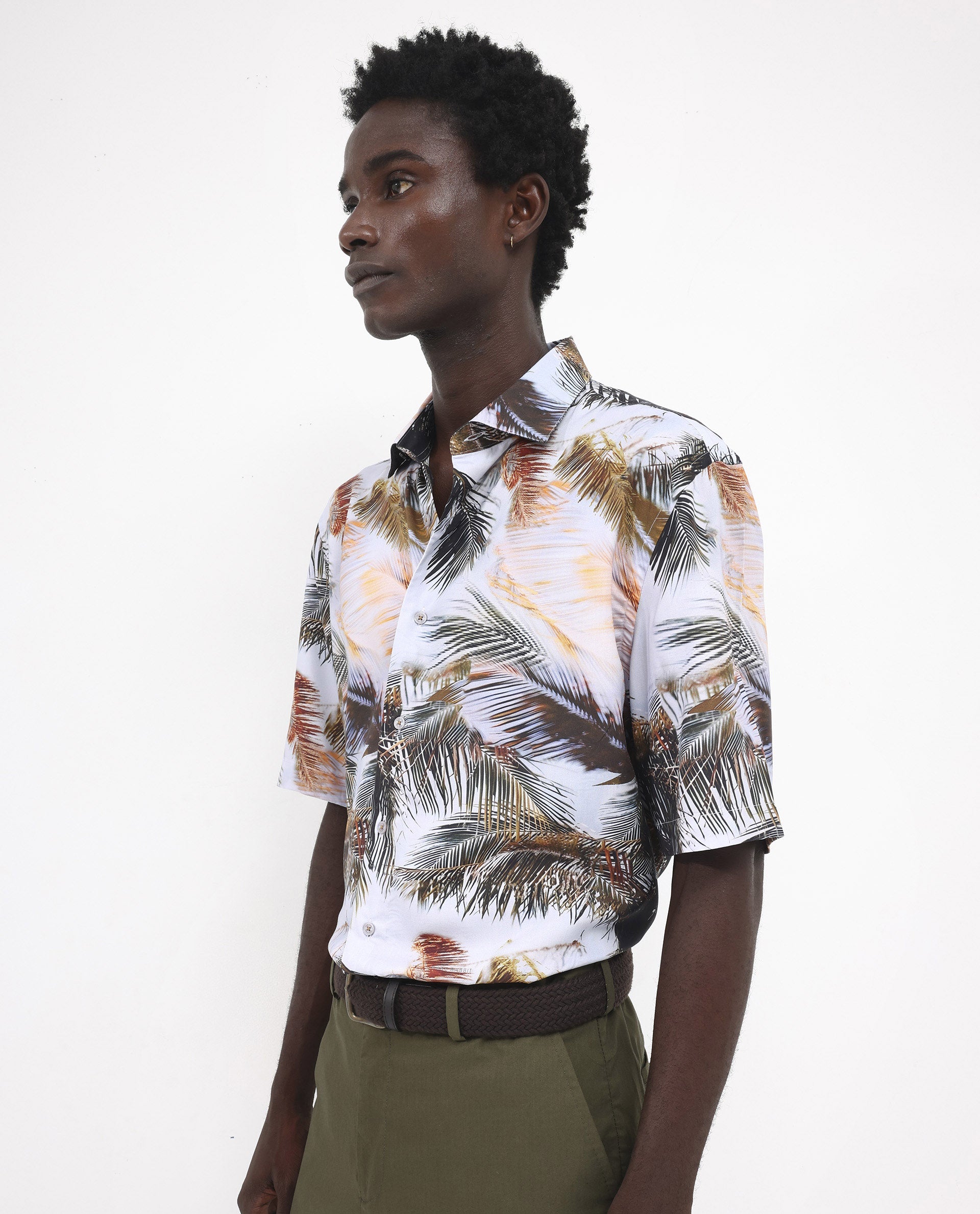 Rare Rabbit Men's Saiph Pastel Purple Viscose Fabric Short Sleeve Boxy Fit Tropical Print Shirt