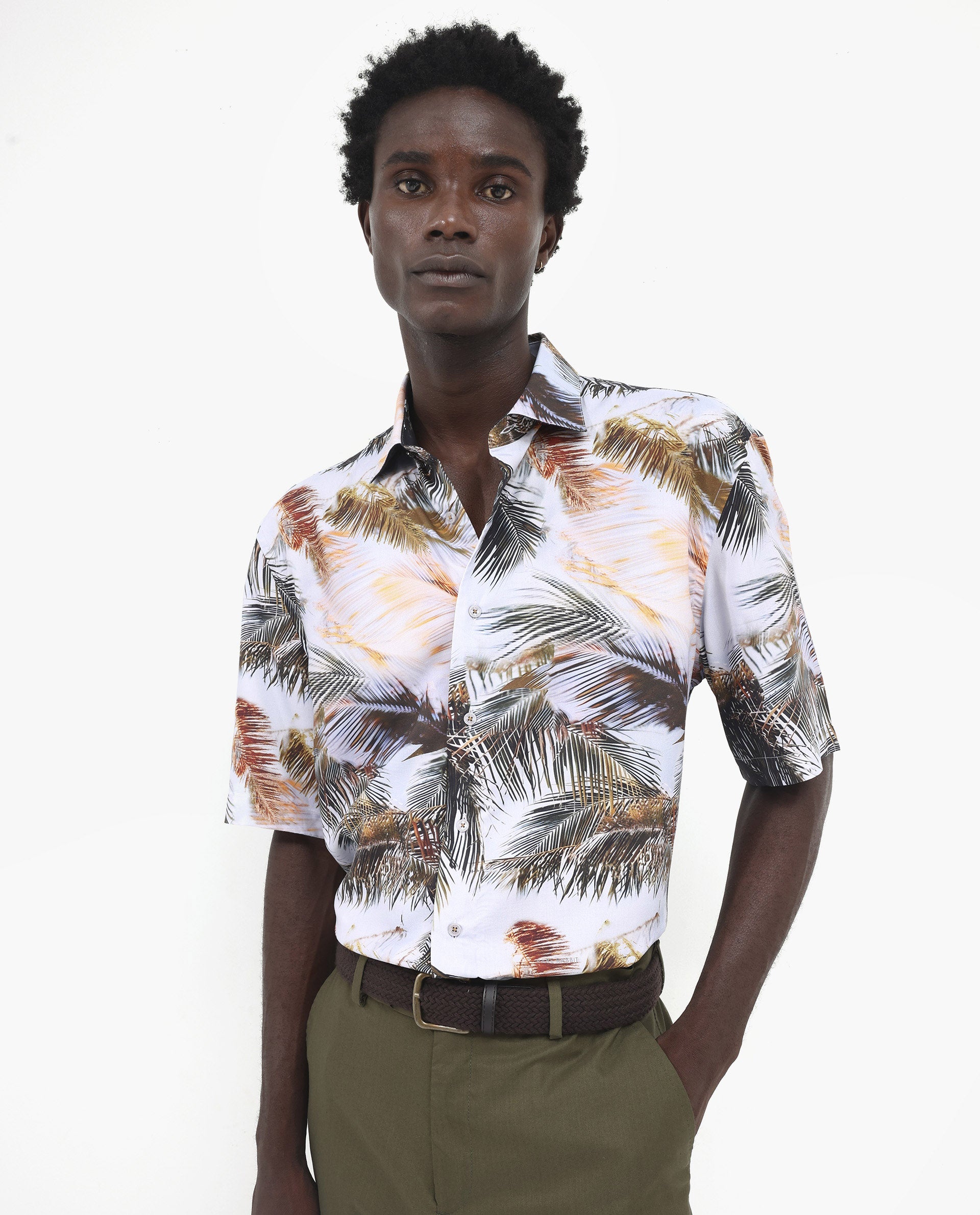 Rare Rabbit Men's Saiph Pastel Purple Viscose Fabric Short Sleeve Boxy Fit Tropical Print Shirt