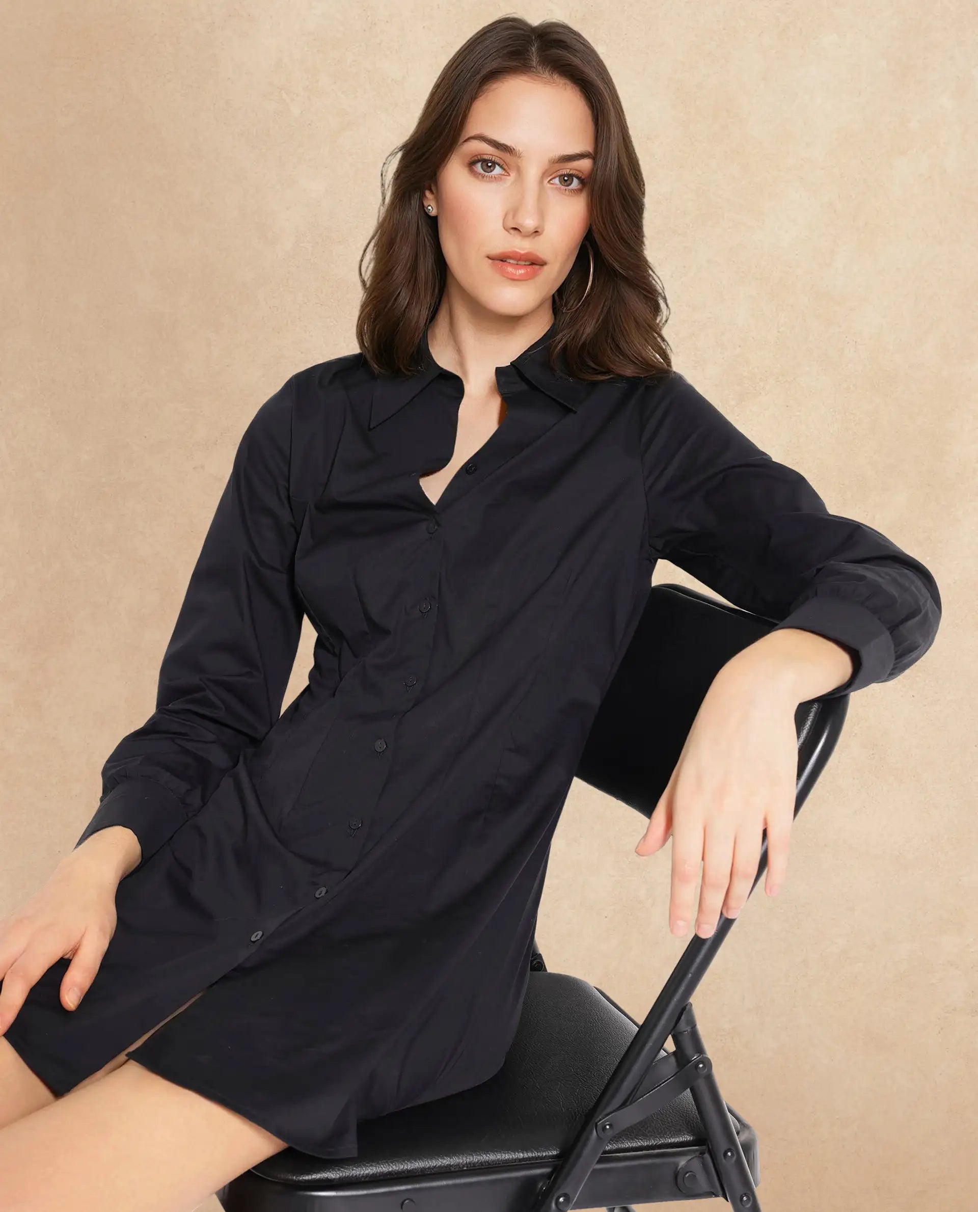 Rareism Women Sakal Black Roll-Up Sleeve Collared Button A-Line Plain Mini Dress