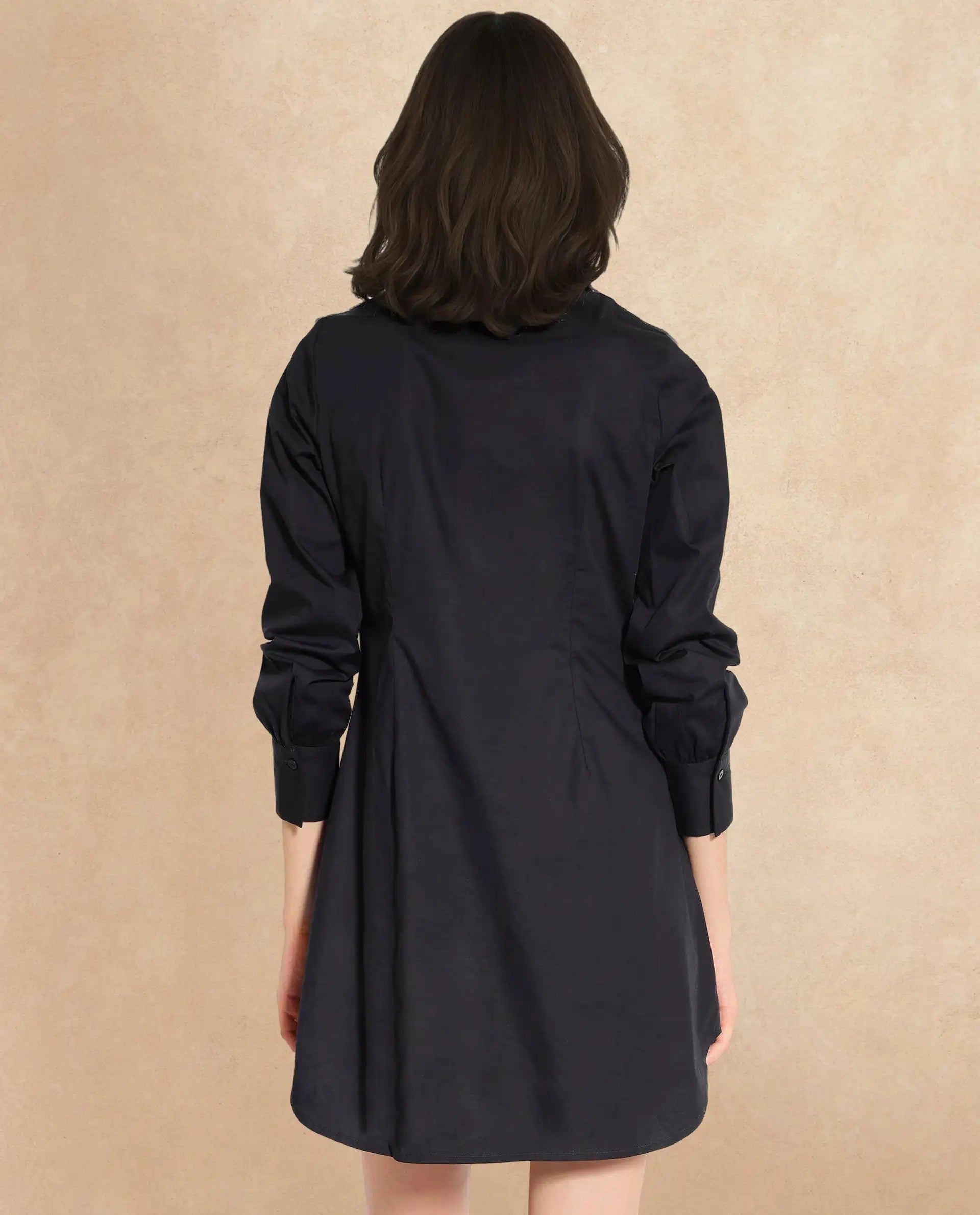 Rareism Women Sakal Black Roll-Up Sleeve Collared Button A-Line Plain Mini Dress