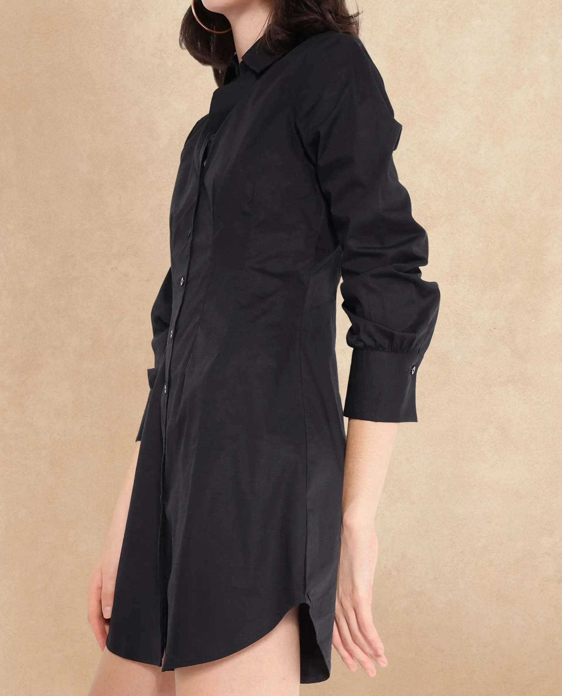 Rareism Women Sakal Black Roll-Up Sleeve Collared Button A-Line Plain Mini Dress