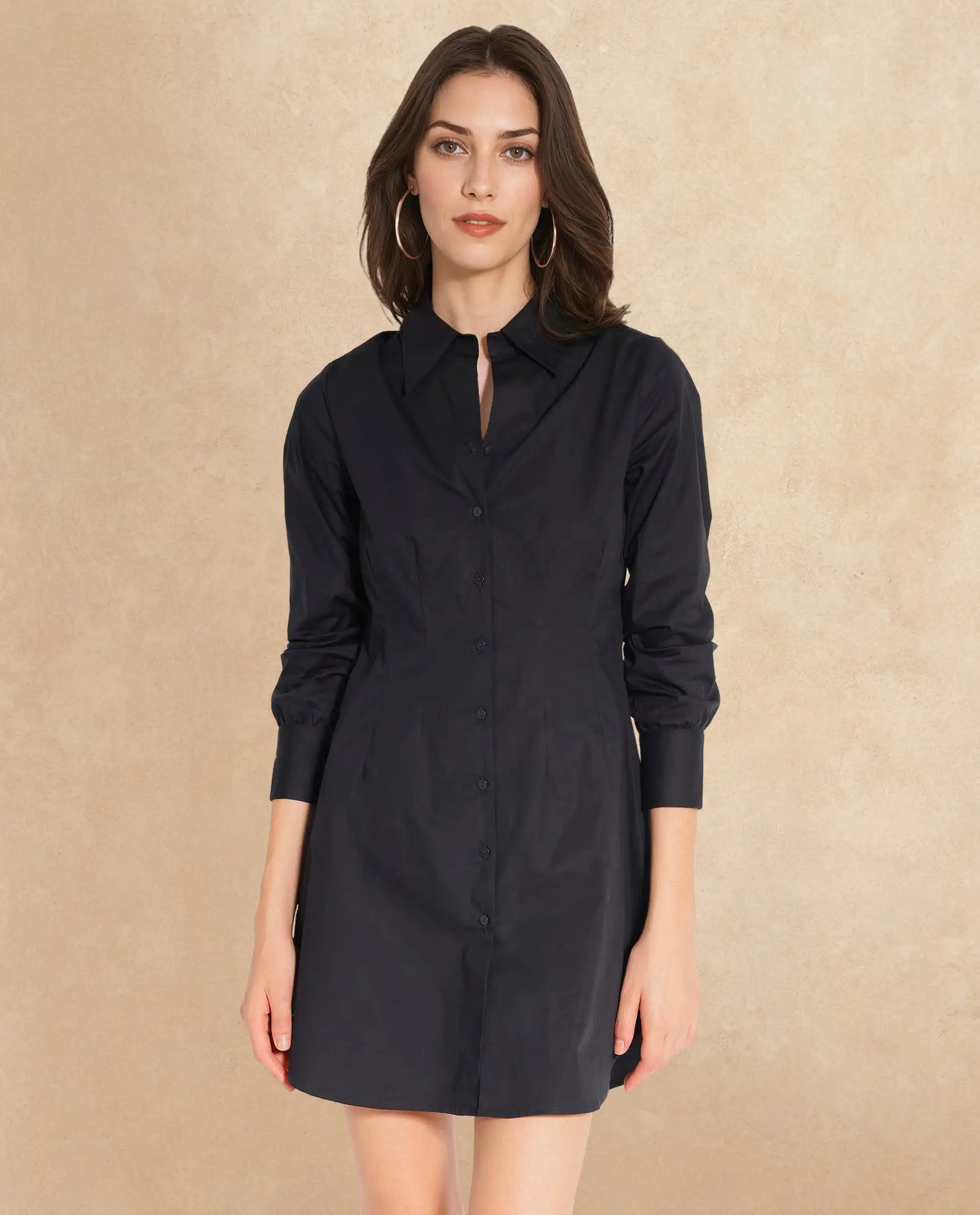 Rareism Women Sakal Black Roll-Up Sleeve Collared Button A-Line Plain Mini Dress