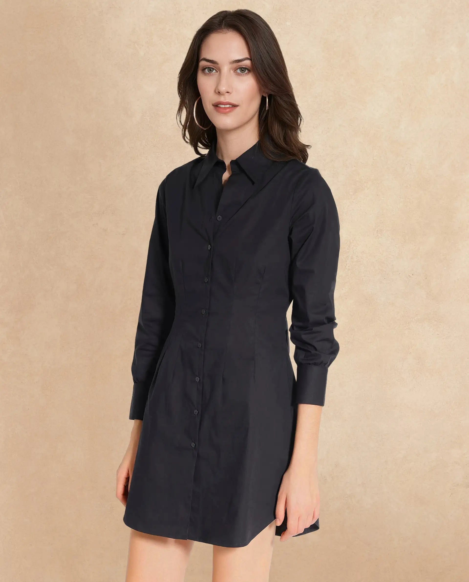 Rareism Women Sakal Black Roll-Up Sleeve Collared Button A-Line Plain Mini Dress