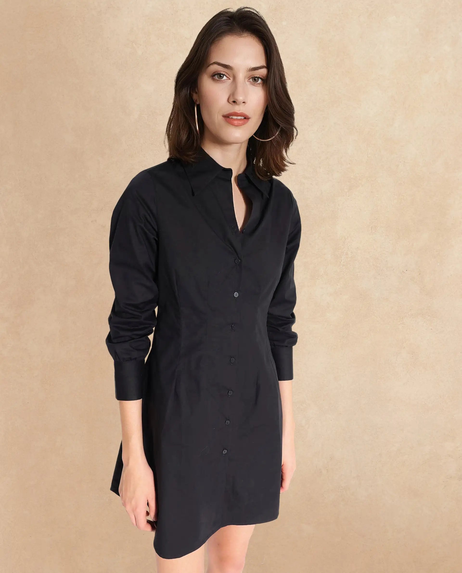 Rareism Women Sakal Black Roll-Up Sleeve Collared Button A-Line Plain Mini Dress