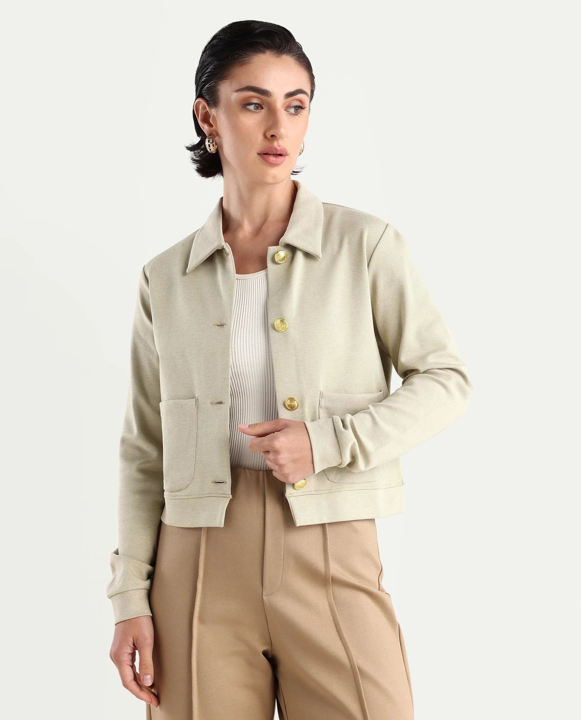 Rareism Women's Sakaryan Beige Cotton Blend Spread Collar Plain Relaxed Fit Shirt