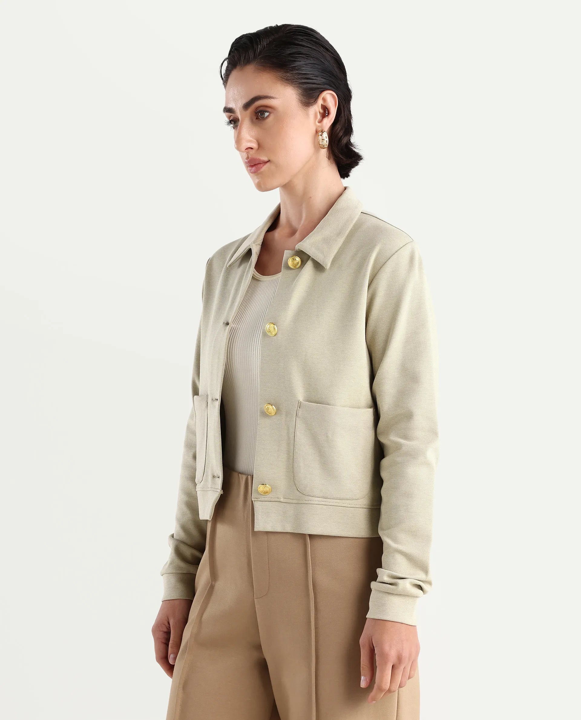 Rareism Women's Sakaryan Beige Cotton Blend Spread Collar Plain Relaxed Fit Shirt