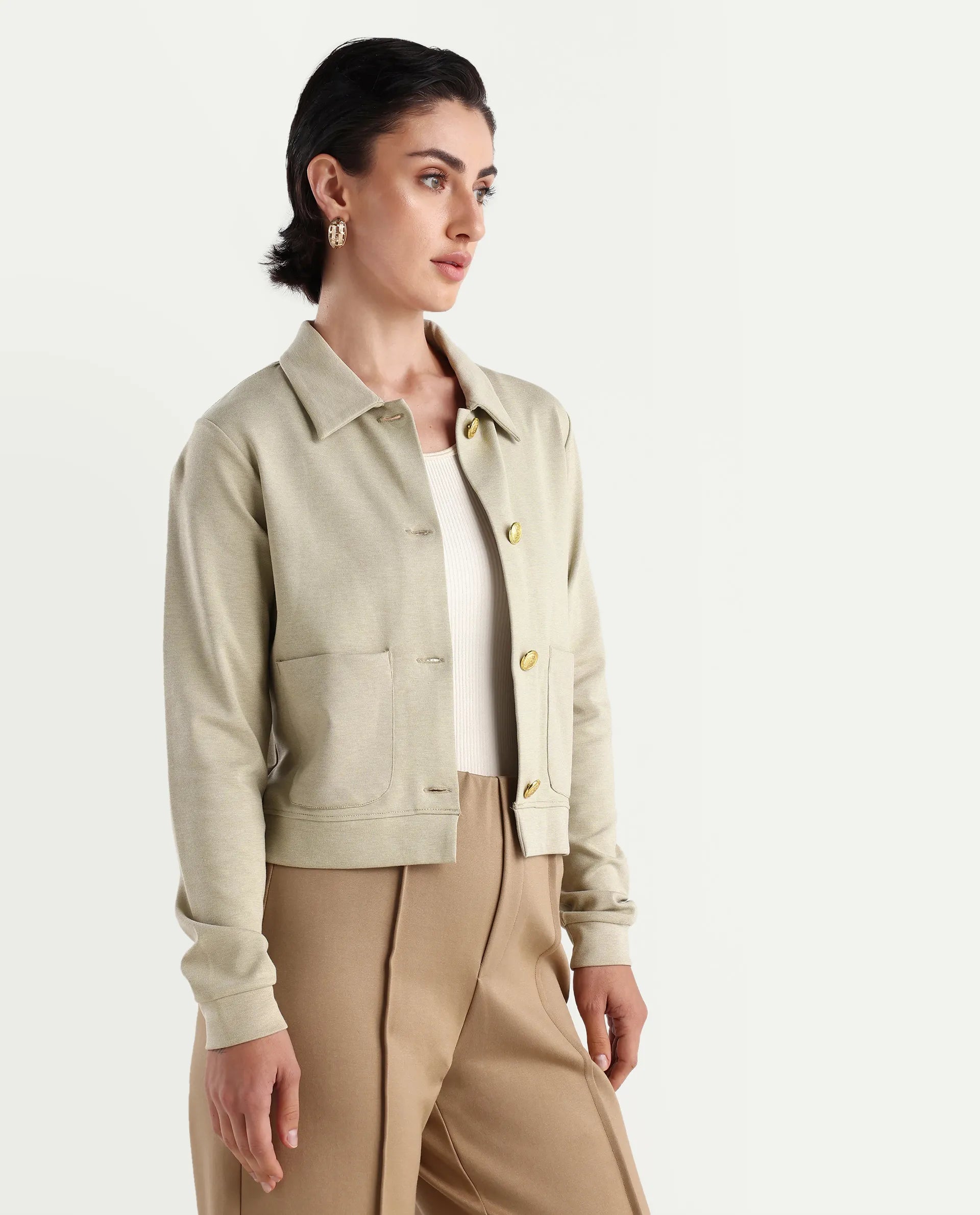 Rareism Women's Sakaryan Beige Cotton Blend Spread Collar Plain Relaxed Fit Shirt