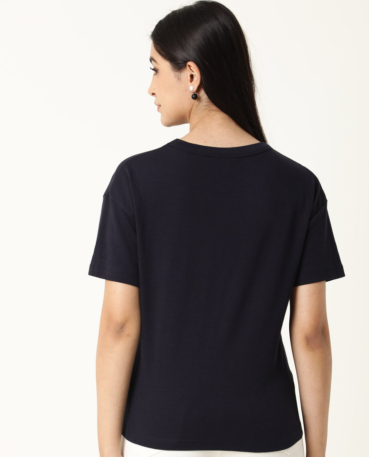 Rareism Women Sake Navy Cotton Fabric Regular Fit Half Sleeves Color Blocked Crew Neck T-Shirt