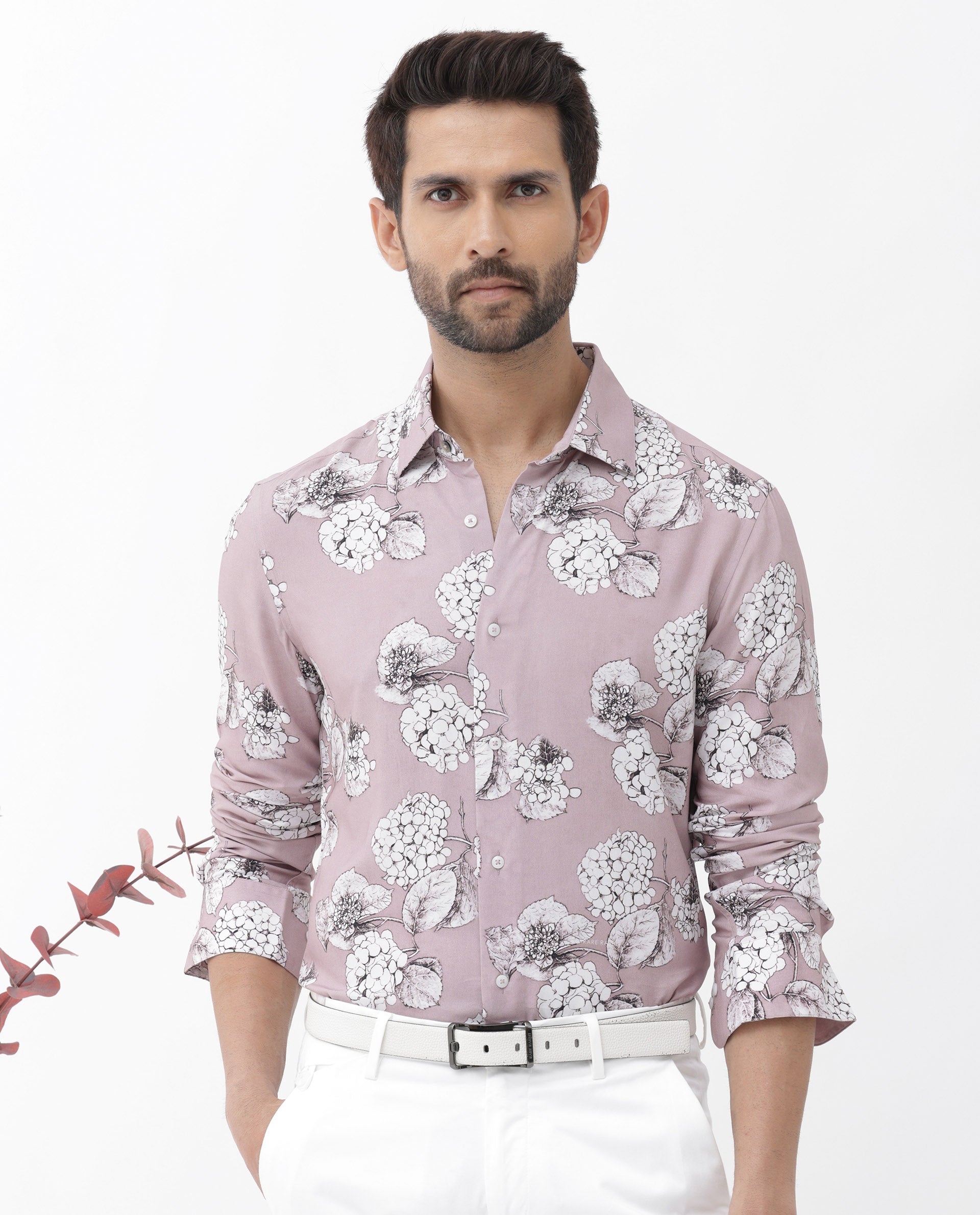 Rare Rabbit Men's Sakon Dusky Pink Viscose Fabric Full Sleeves Floral Print Shirt
