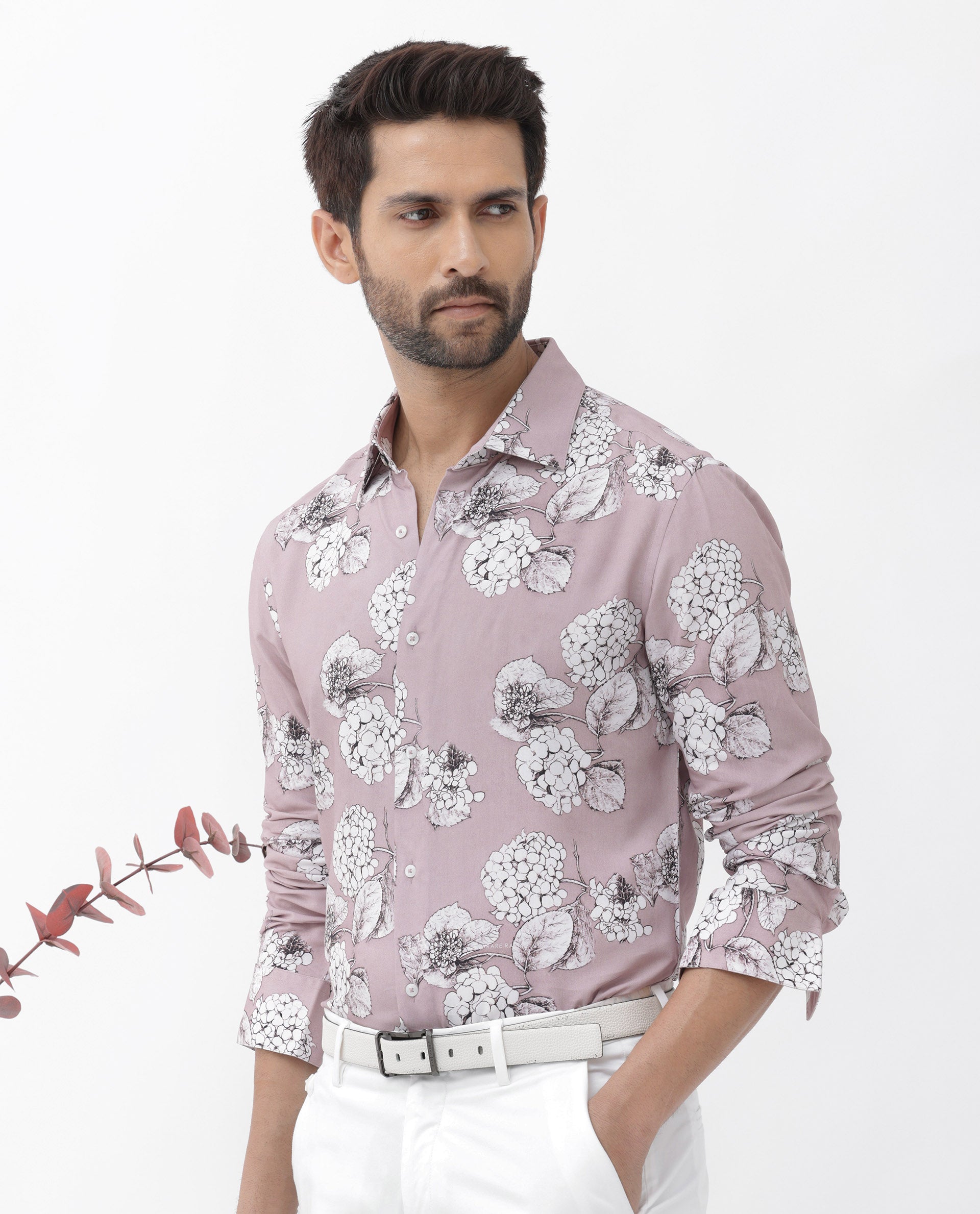 Rare Rabbit Men's Sakon Dusky Pink Viscose Fabric Full Sleeves Floral Print Shirt