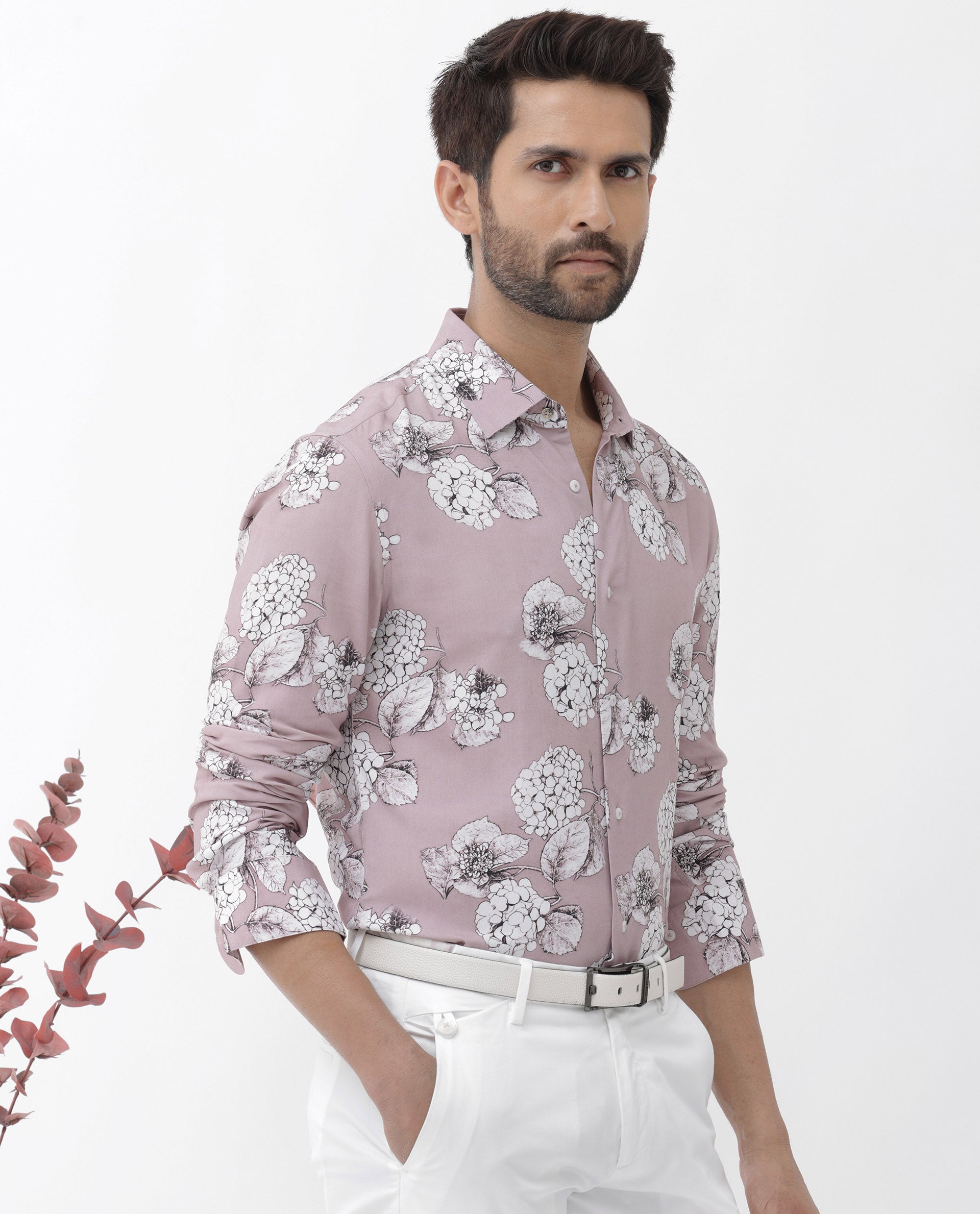 Rare Rabbit Men's Sakon Dusky Pink Viscose Fabric Full Sleeves Floral Print Shirt