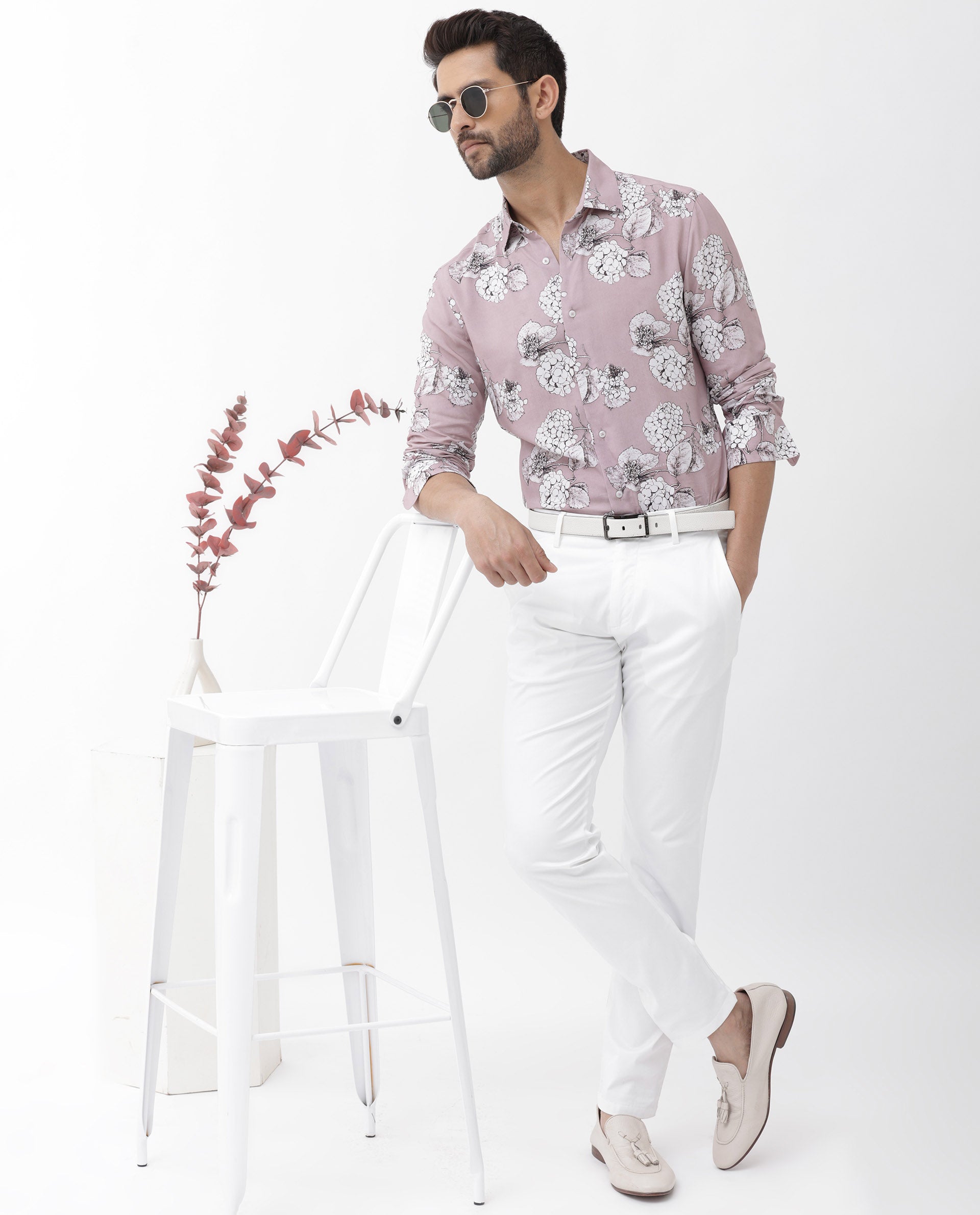 Rare Rabbit Men's Sakon Dusky Pink Viscose Fabric Full Sleeves Floral Print Shirt