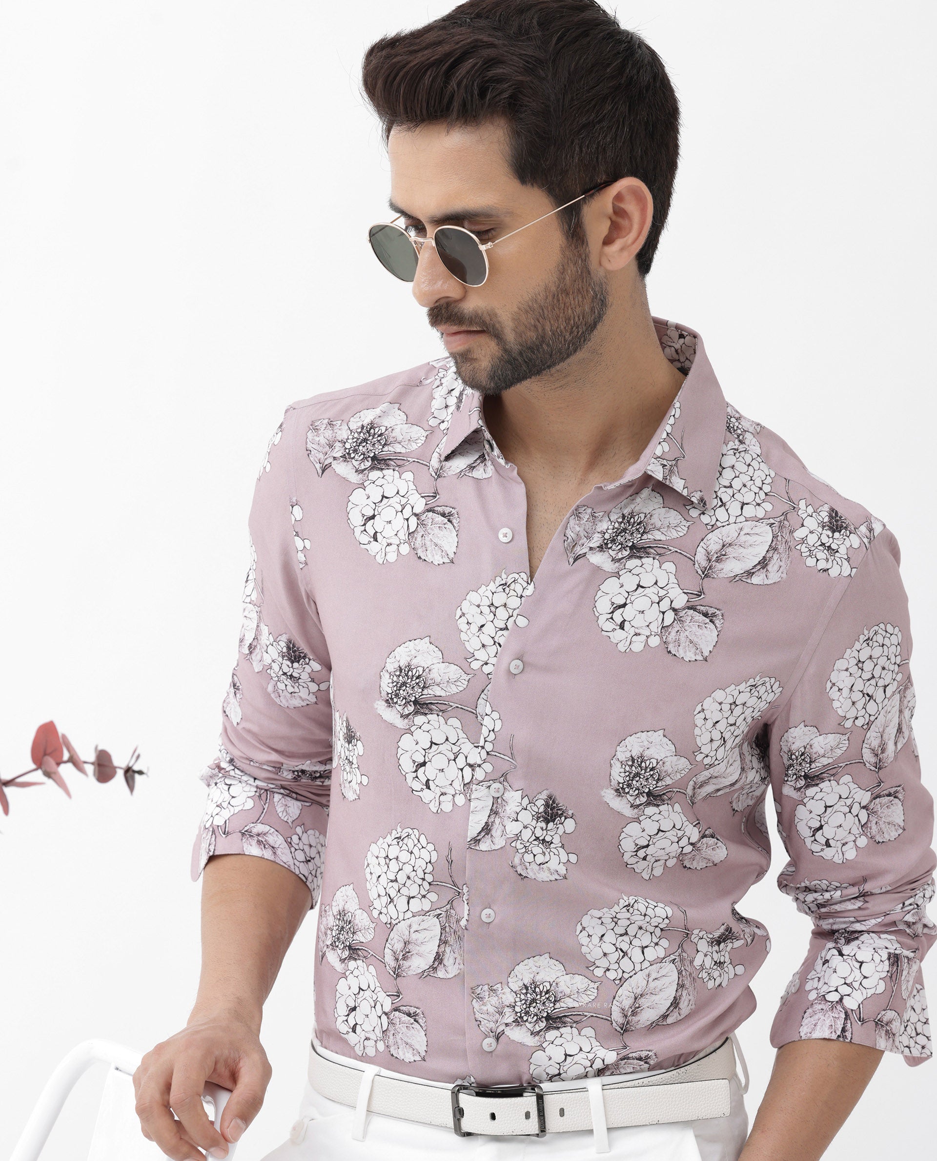 Rare Rabbit Men's Sakon Dusky Pink Viscose Fabric Full Sleeves Floral Print Shirt