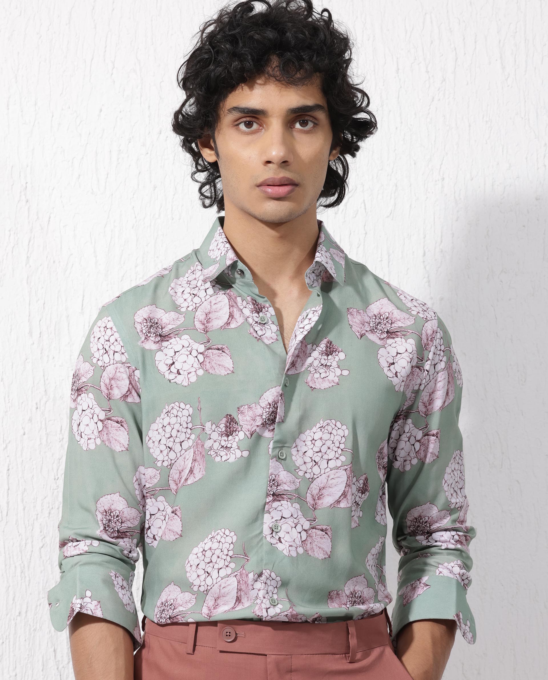 Rare Rabbit Mens Sakura Dusky Green Cotton Full Sleeve Decorative Print Shirt