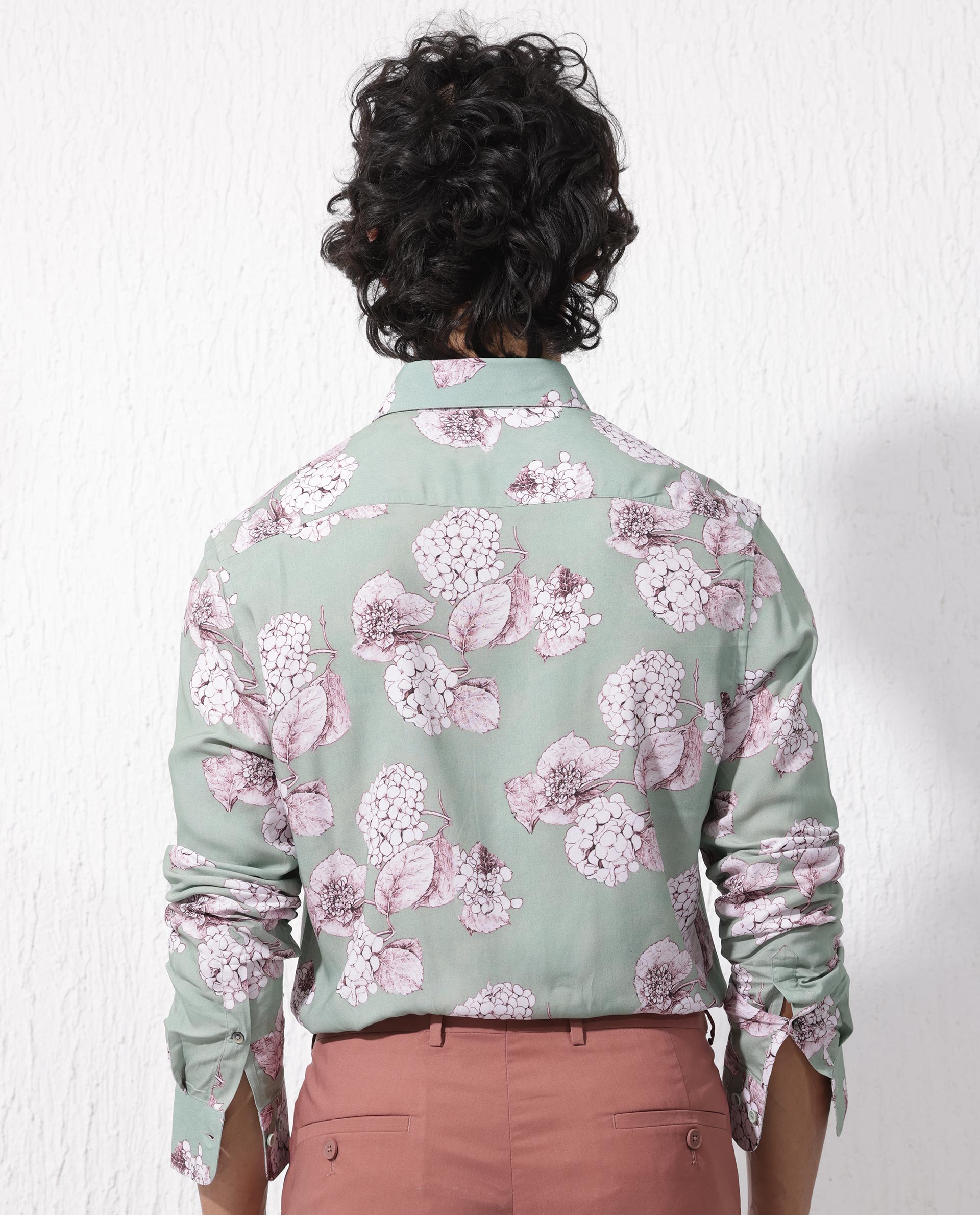 Rare Rabbit Mens Sakura Dusky Green Cotton Full Sleeve Decorative Print Shirt