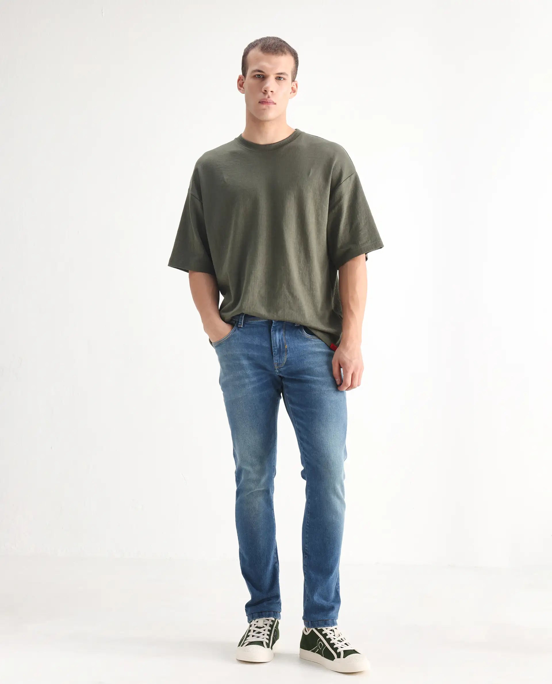 Rare Rabbit Men's Salar Pastel Blue Cotton Blend Plain Hawk Slim Fit Jeans