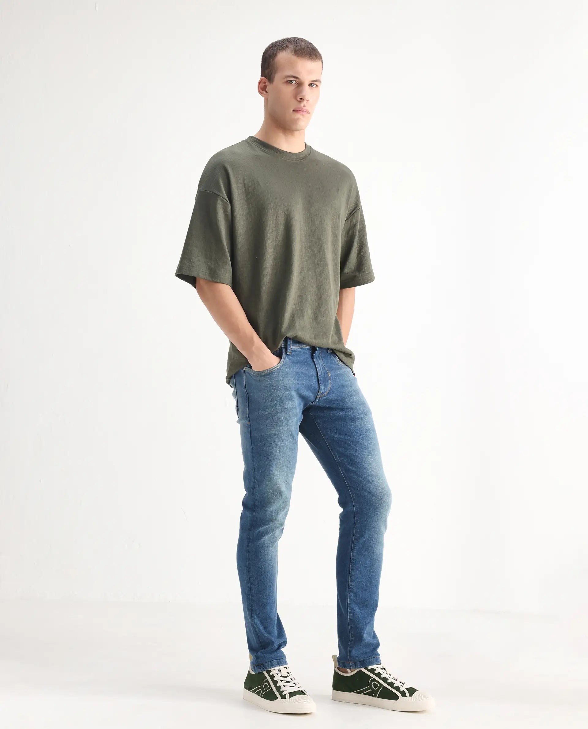 Rare Rabbit Men's Salar Pastel Blue Cotton Blend Plain Hawk Slim Fit Jeans