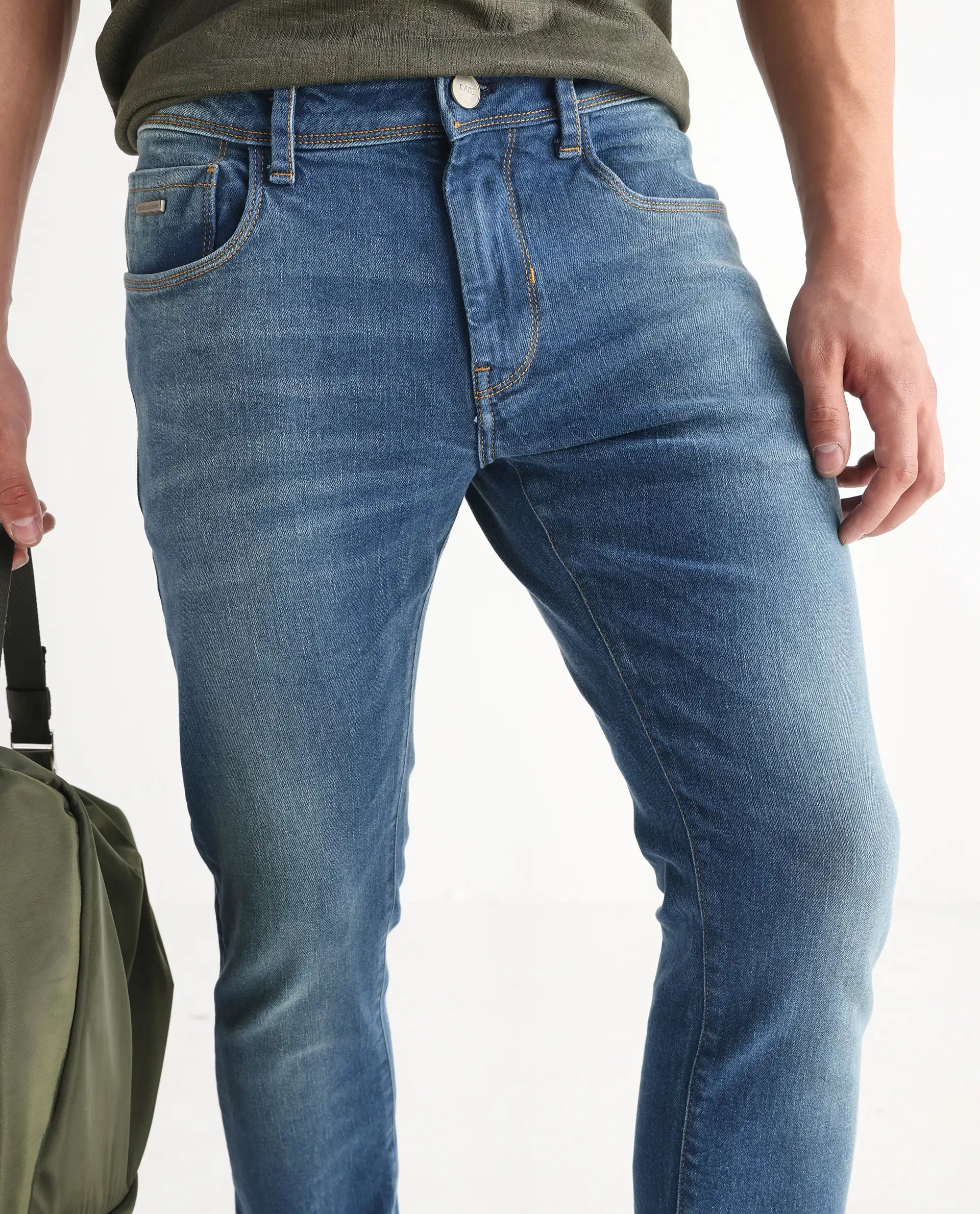 Rare Rabbit Men's Salar Pastel Blue Cotton Blend Plain Hawk Slim Fit Jeans