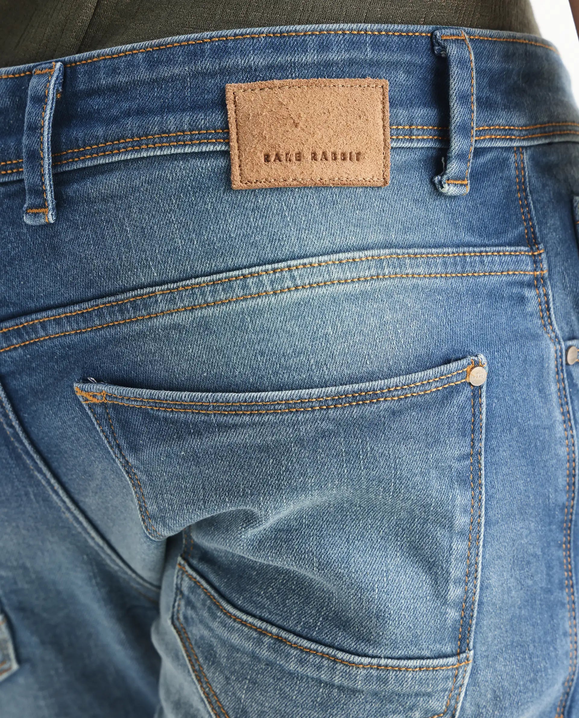 Rare Rabbit Men's Salar Pastel Blue Cotton Blend Plain Hawk Slim Fit Jeans