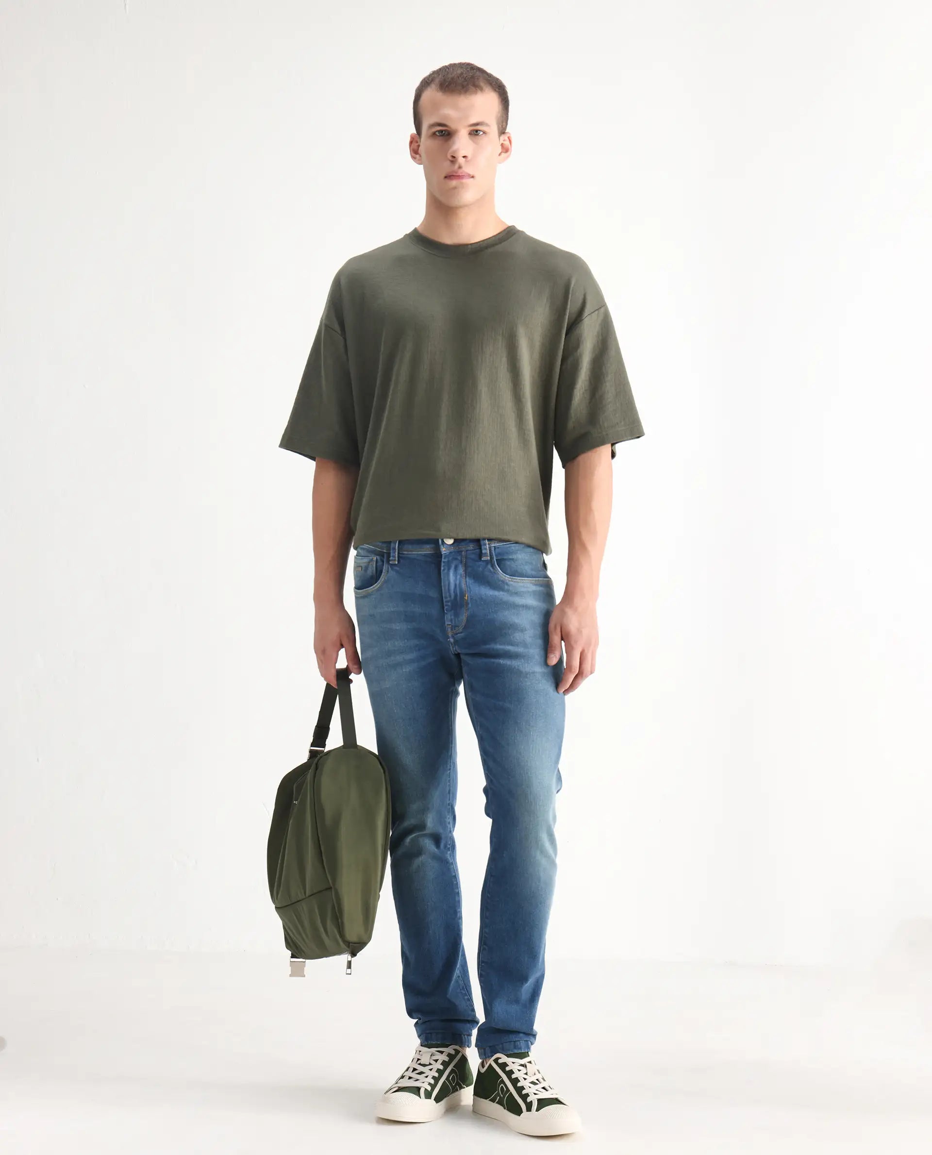 Rare Rabbit Men's Salar Pastel Blue Cotton Blend Plain Hawk Slim Fit Jeans