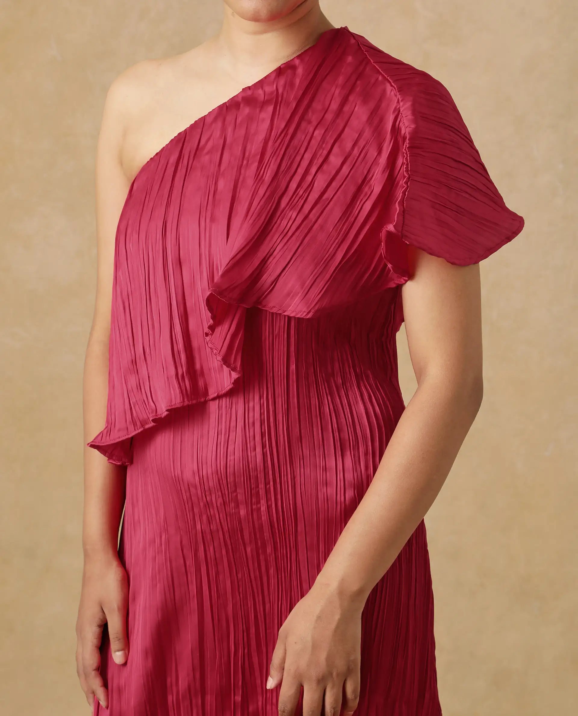 Rareism Women's Salerno Red Polyester One Shoulder Plain One Shoulder Midi Fit And Flare Dress