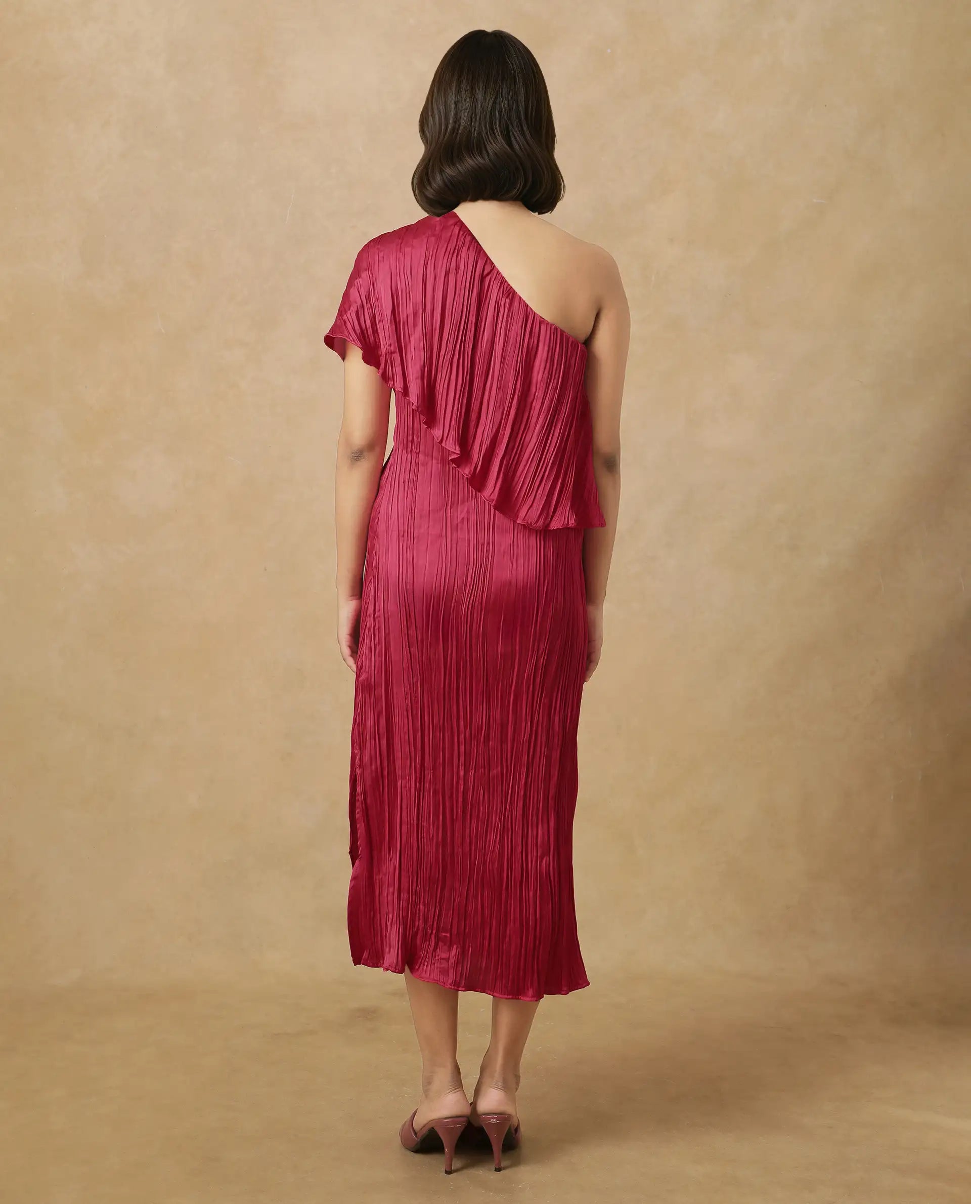 Rareism Women's Salerno Red Polyester One Shoulder Plain One Shoulder Midi Fit And Flare Dress