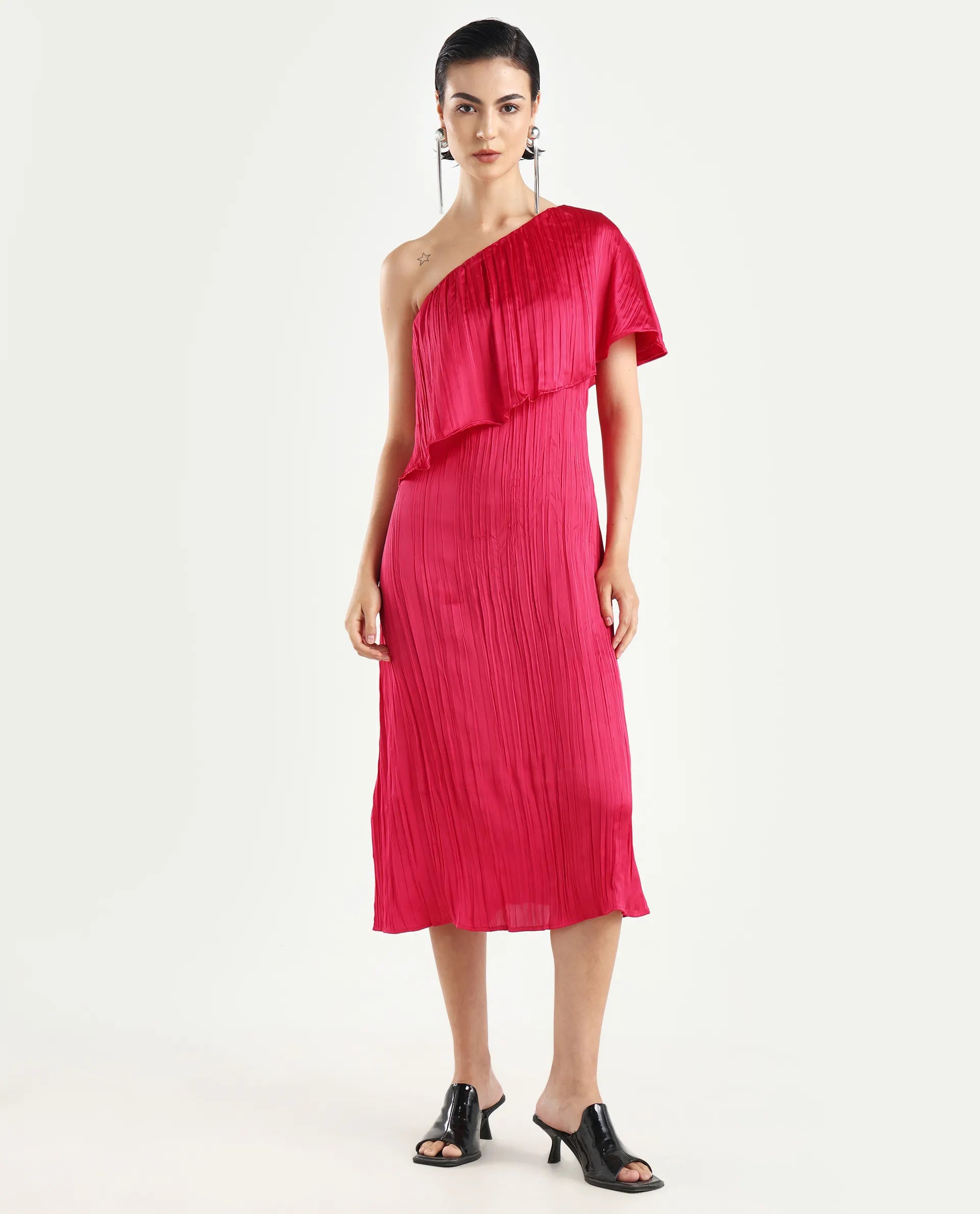 Rareism Women's Salerno Red Polyester One Shoulder Plain One Shoulder Midi Fit And Flare Dress