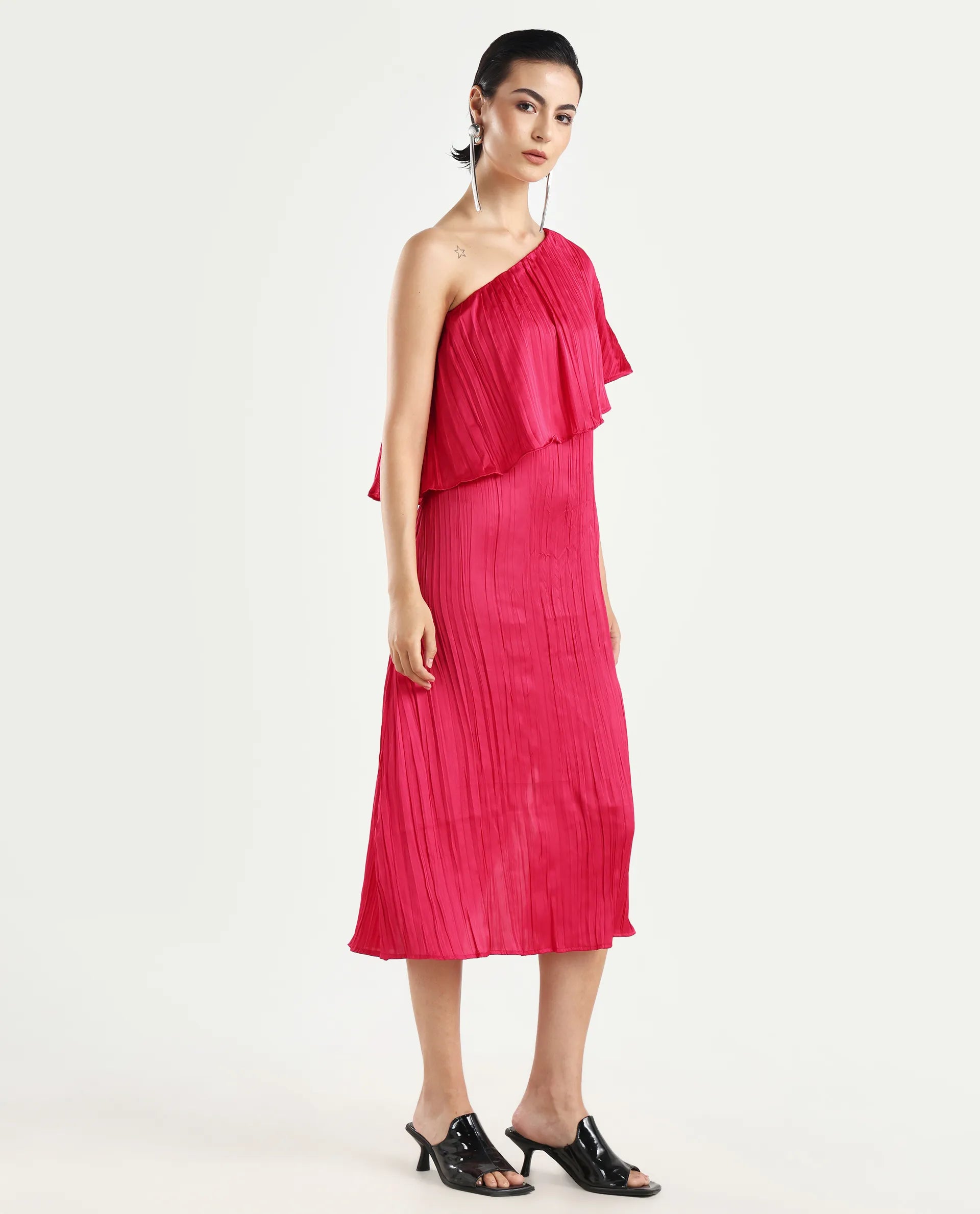 Rareism Women's Salerno Red Polyester One Shoulder Plain One Shoulder Midi Fit And Flare Dress