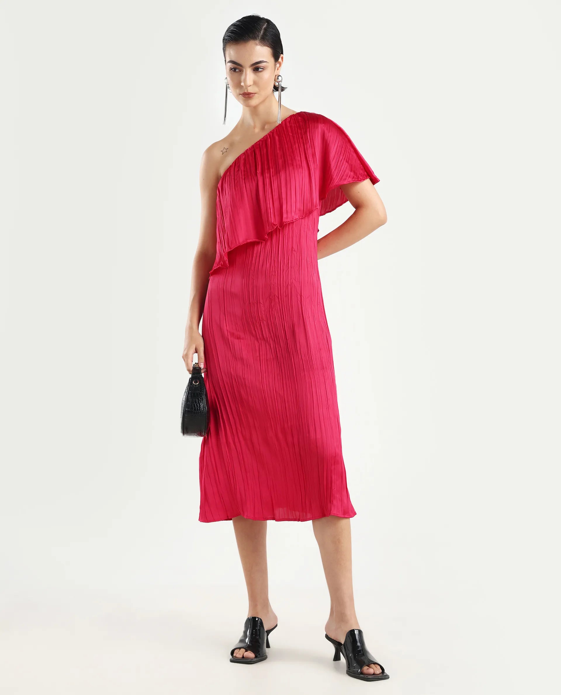 Rareism Women's Salerno Red Polyester One Shoulder Plain One Shoulder Midi Fit And Flare Dress