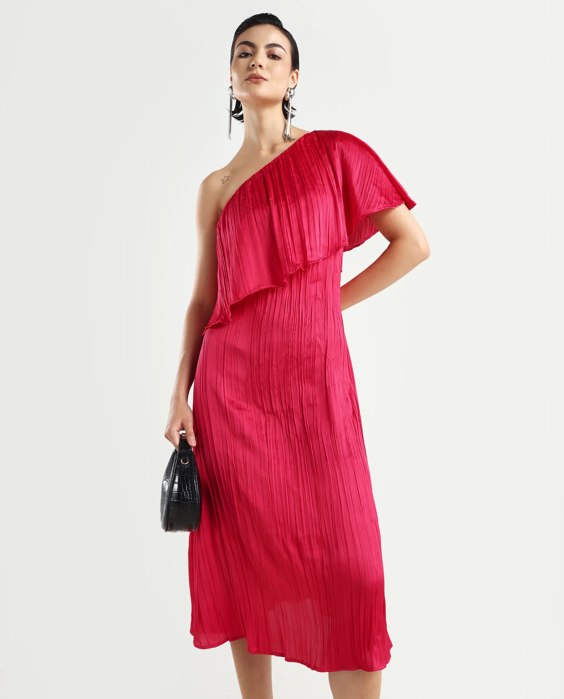 Rareism Women's Salerno Red Polyester One Shoulder Plain One Shoulder Midi Fit And Flare Dress