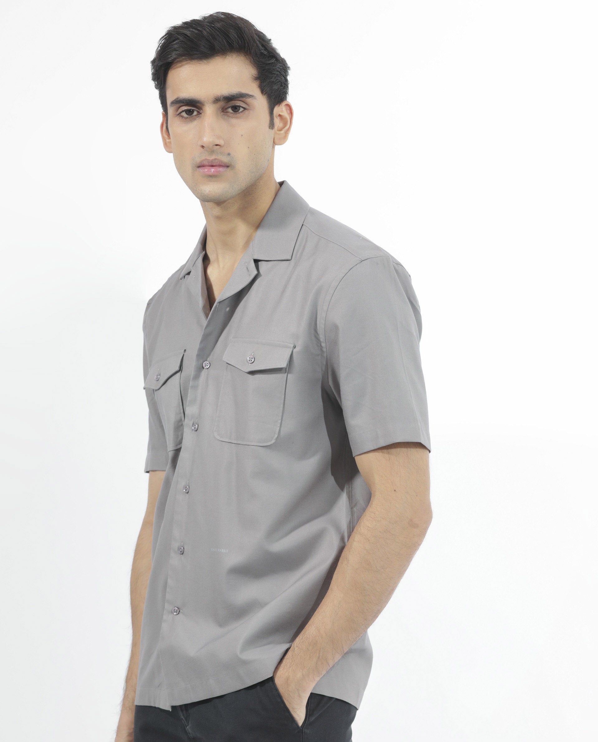 Rare Rabbit Men's Salford Dusky Grey Cuban Collar Half Sleeves Two Flap Pocket Solid Shirt
