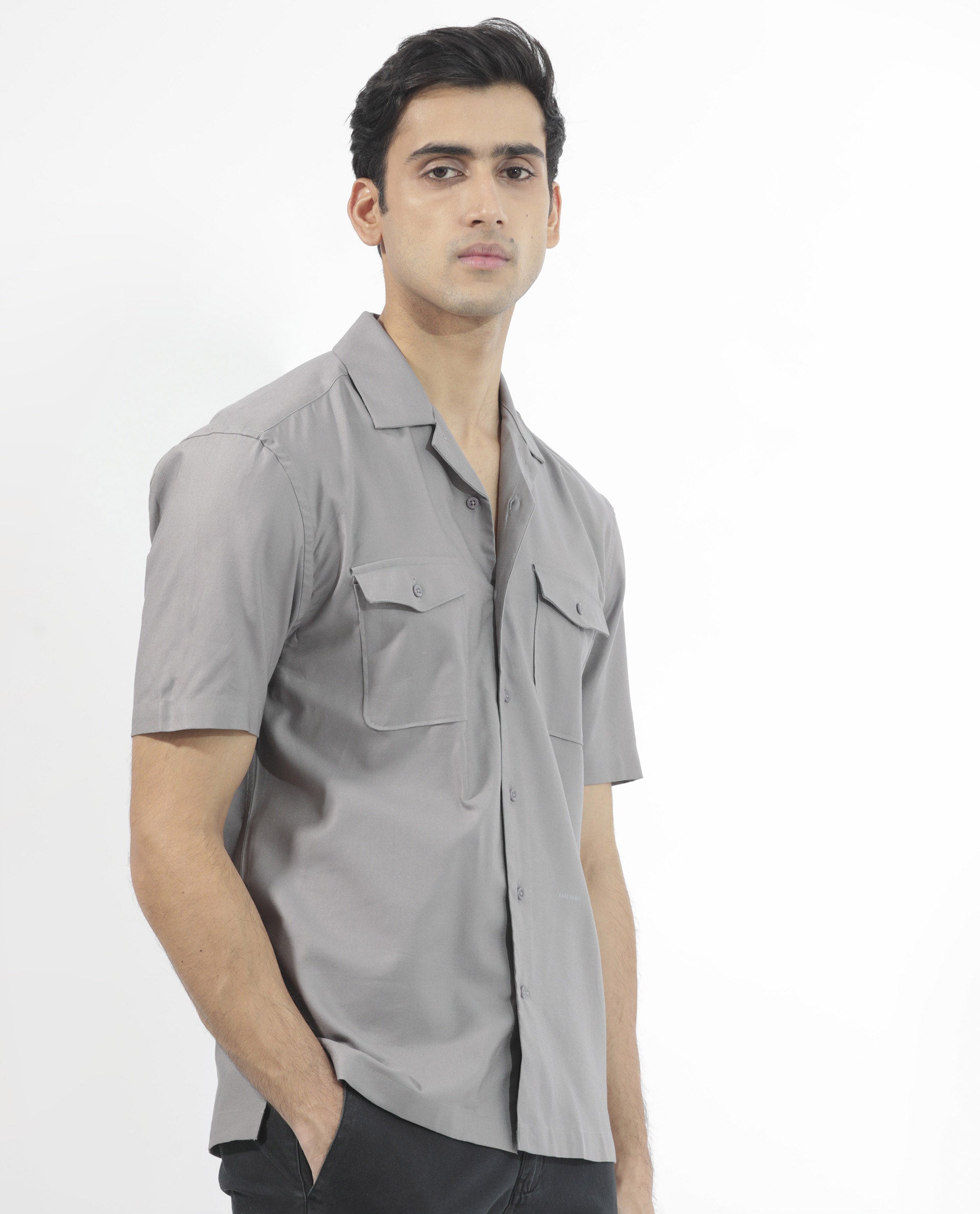 Rare Rabbit Men's Salford Dusky Grey Cuban Collar Half Sleeves Two Flap Pocket Solid Shirt