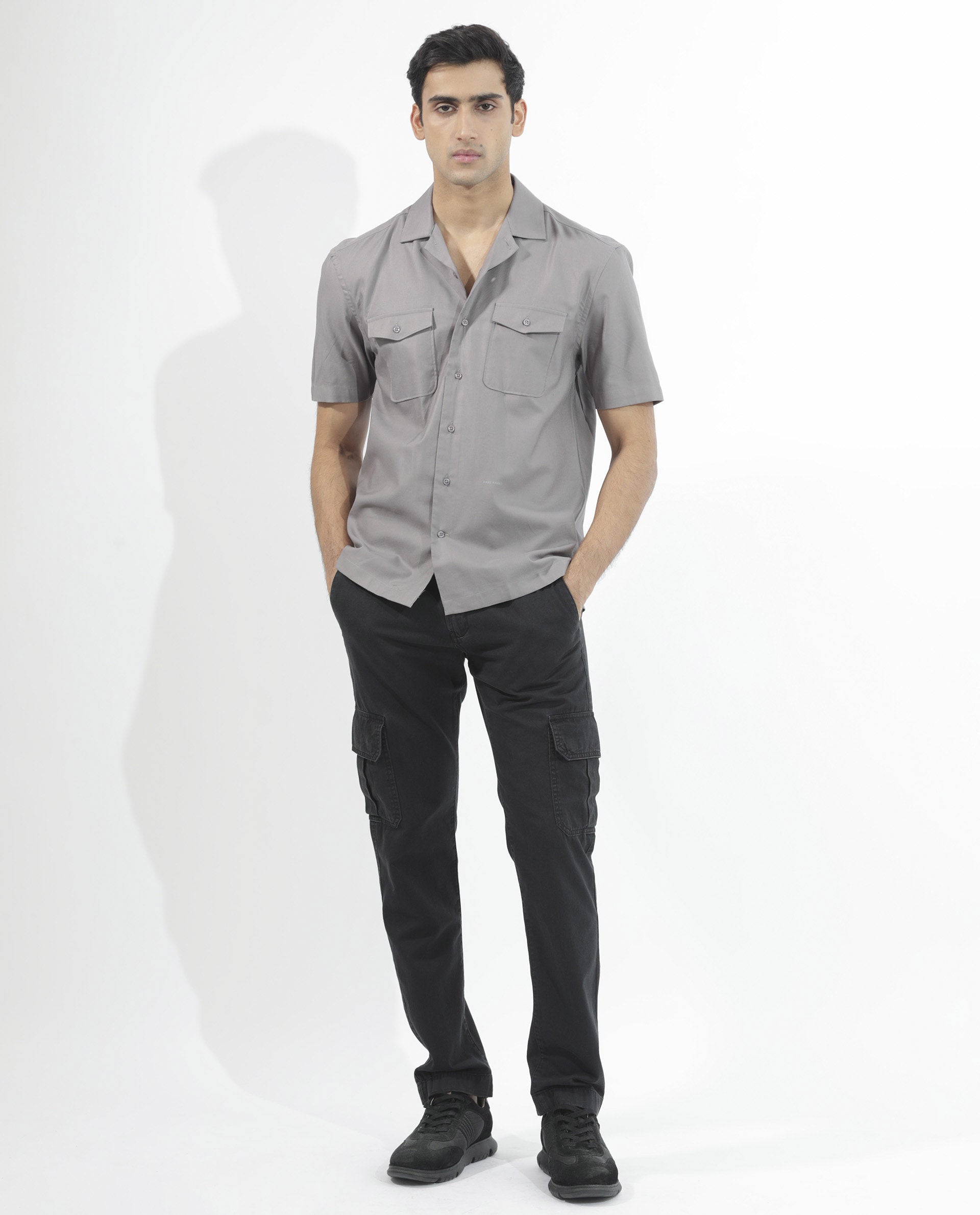 Rare Rabbit Men's Salford Dusky Grey Cuban Collar Half Sleeves Two Flap Pocket Solid Shirt