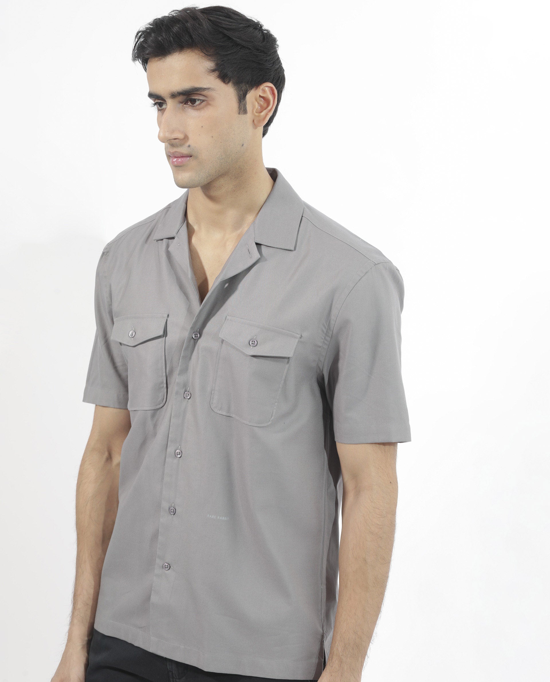 Rare Rabbit Men's Salford Dusky Grey Cuban Collar Half Sleeves Two Flap Pocket Solid Shirt