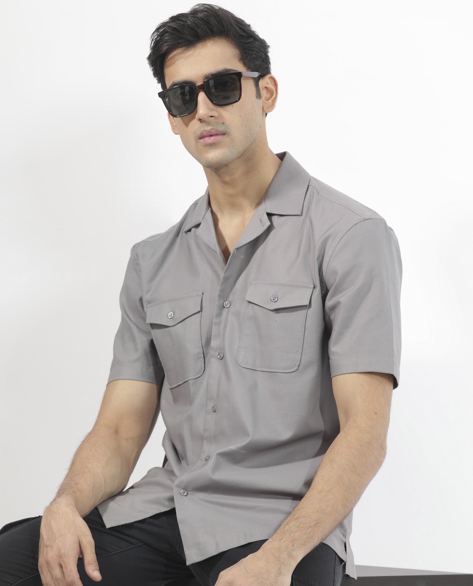 Rare Rabbit Men's Salford Dusky Grey Cuban Collar Half Sleeves Two Flap Pocket Solid Shirt