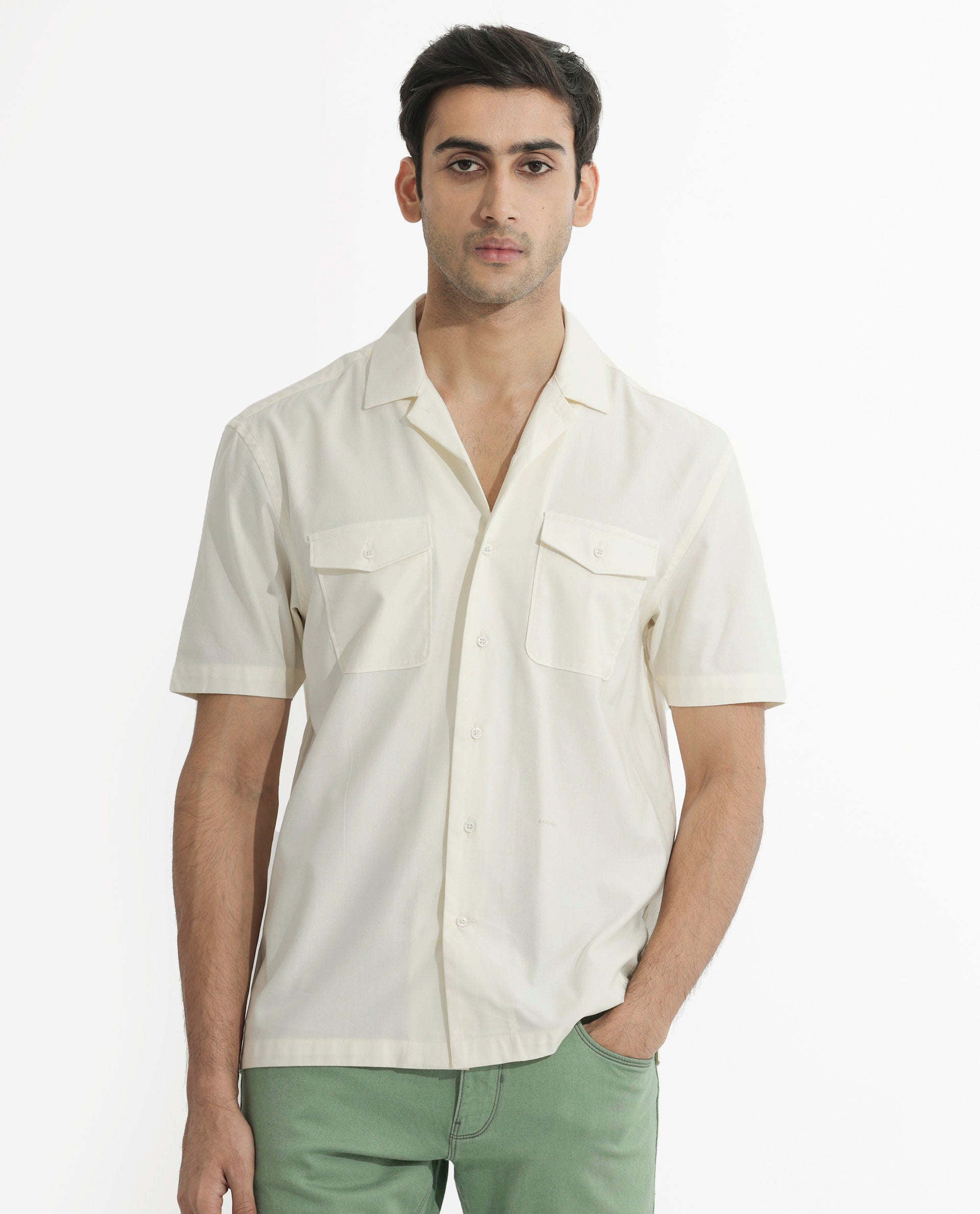 Rare Rabbit Men's Salford Off White Cuban Collar Half Sleeves Two Flap Pocket Solid Shirt