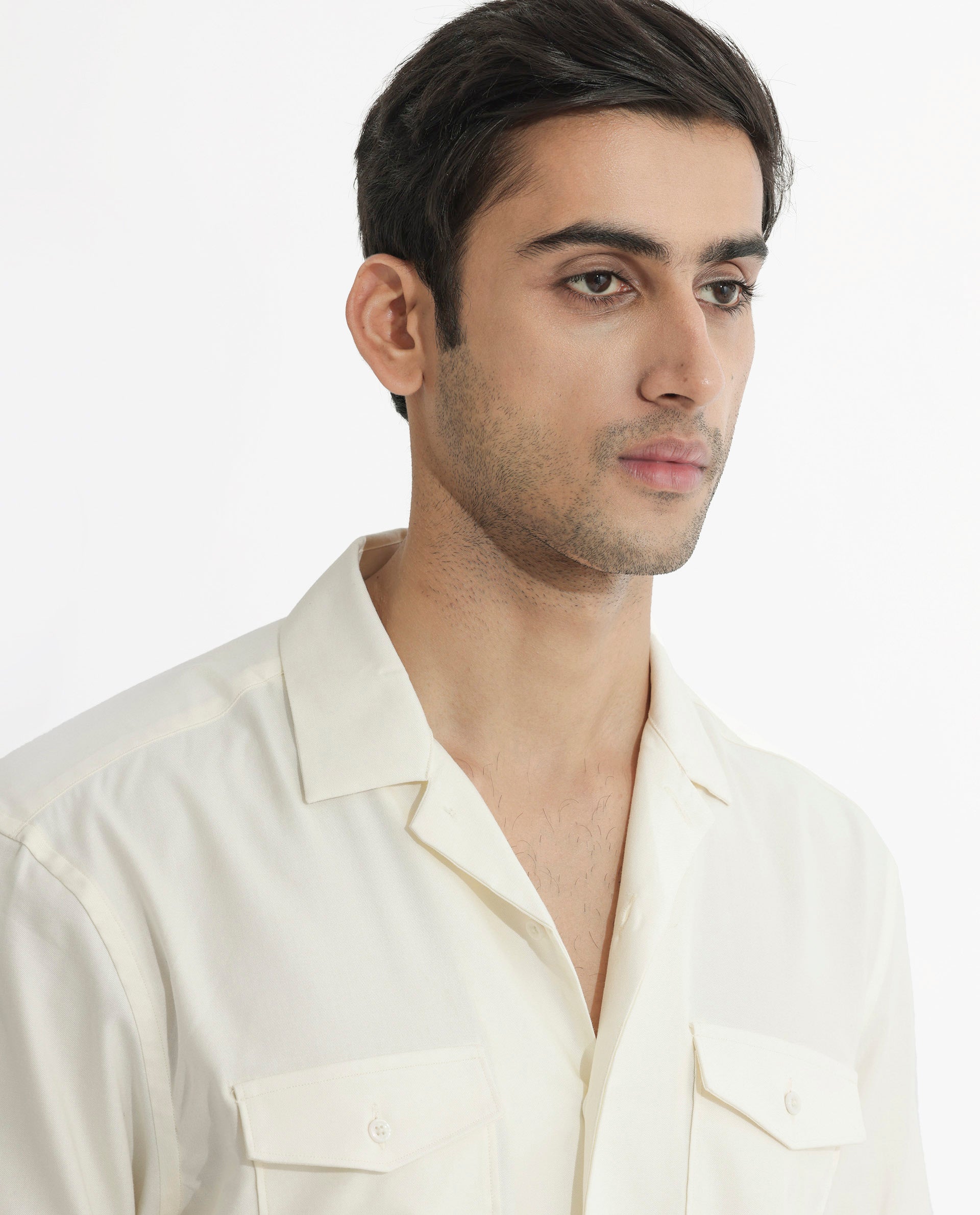 Rare Rabbit Men's Salford Off White Cuban Collar Half Sleeves Two Flap Pocket Solid Shirt