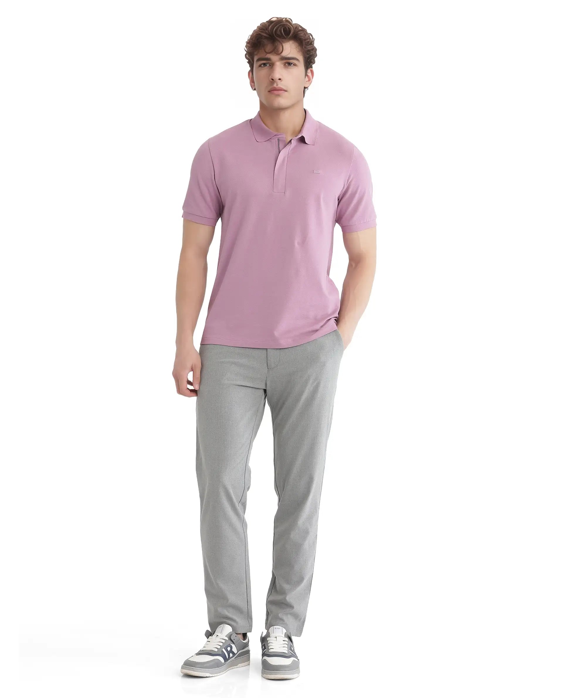 Rare Rabbit Men Salis-25 Dusky Pink Cotton Blend Fabric Short Sleeve Collared Neck Zipper/Snap Closure Plain Polo