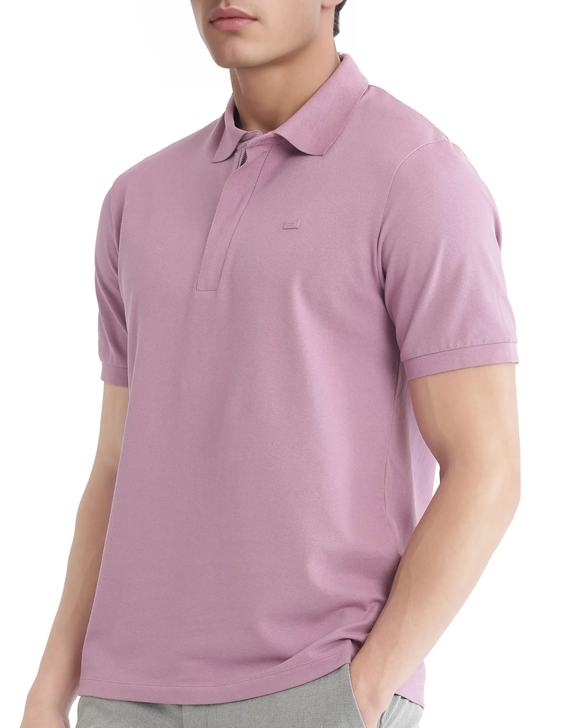 Rare Rabbit Men Salis-25 Dusky Pink Cotton Blend Fabric Short Sleeve Collared Neck Zipper/Snap Closure Plain Polo