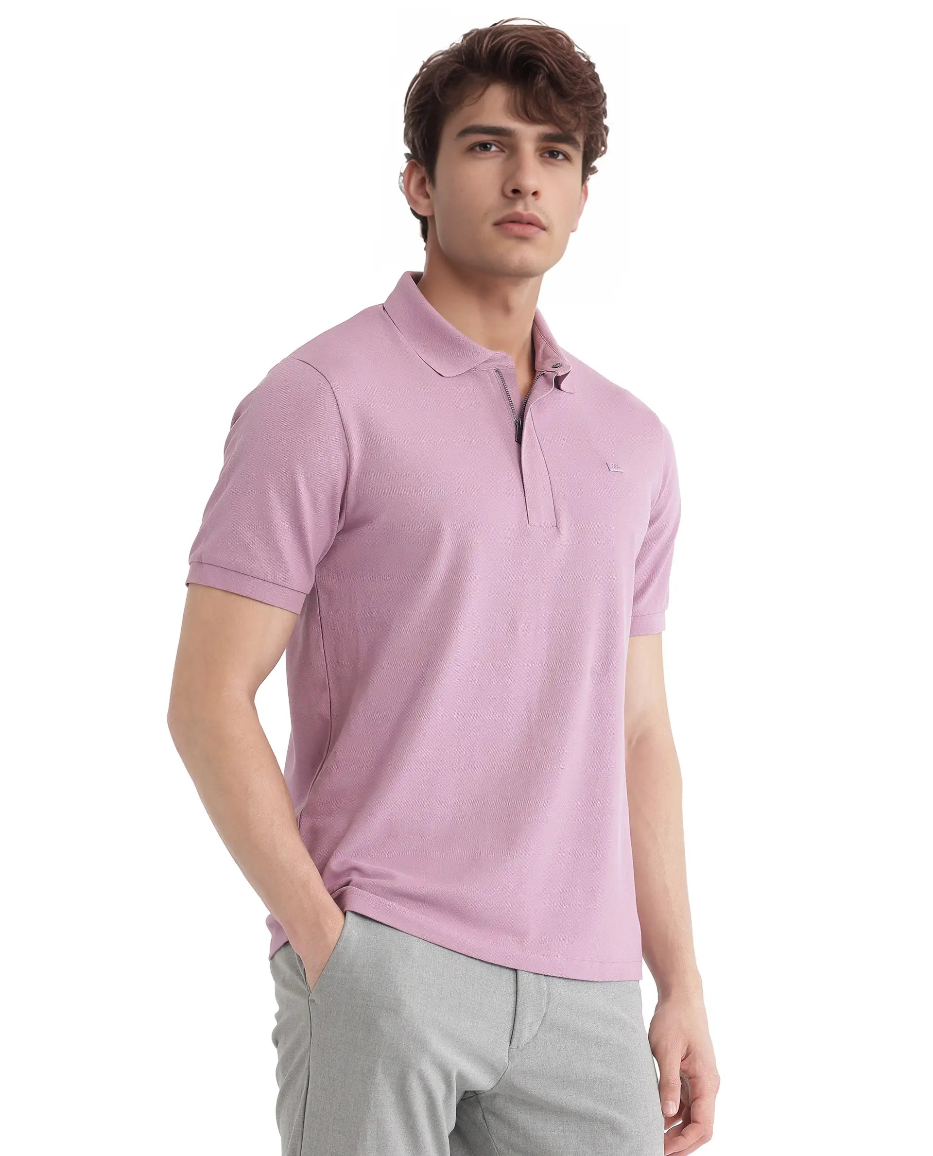 Rare Rabbit Men Salis-25 Dusky Pink Cotton Blend Fabric Short Sleeve Collared Neck Zipper/Snap Closure Plain Polo