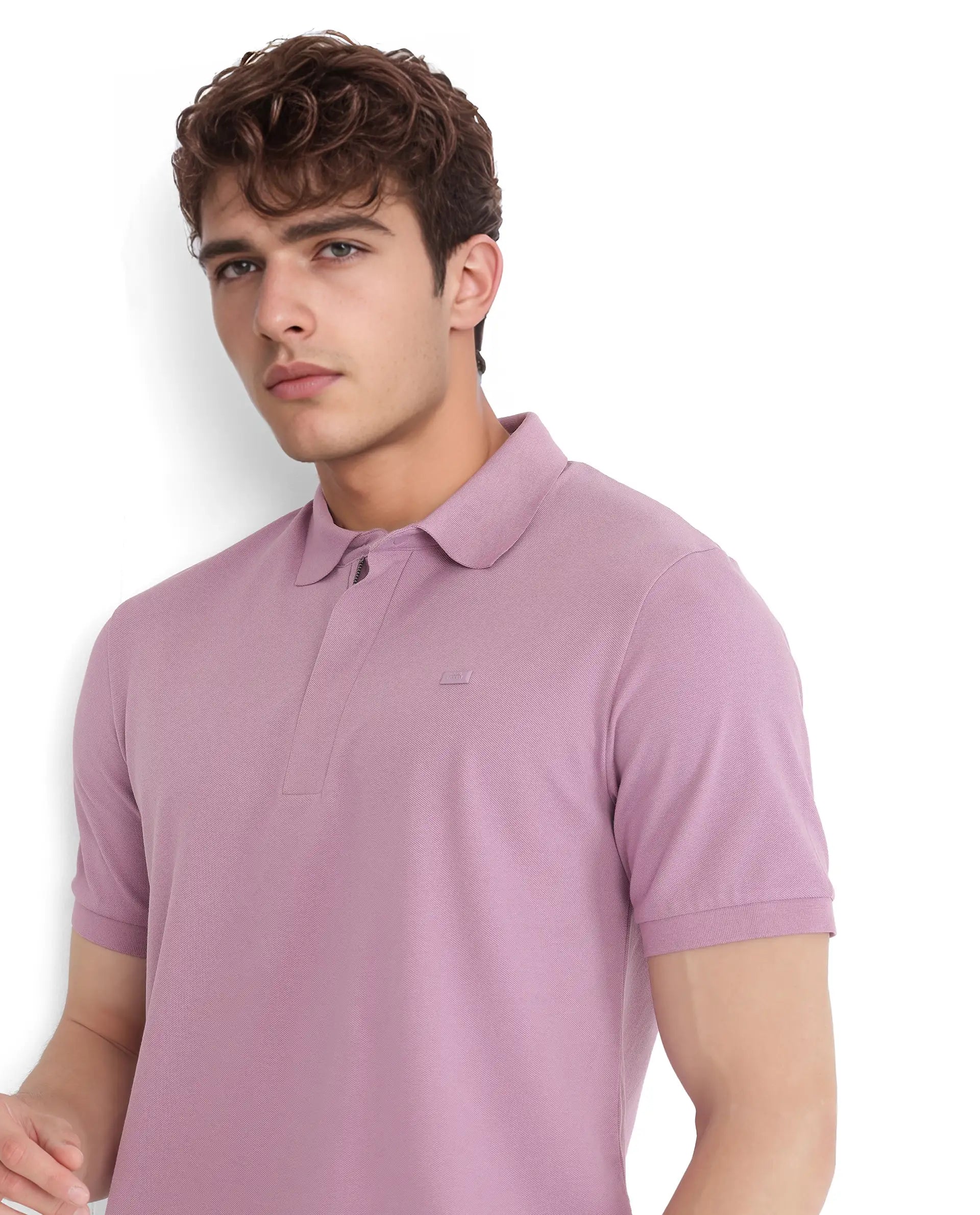 Rare Rabbit Men Salis-25 Dusky Pink Cotton Blend Fabric Short Sleeve Collared Neck Zipper/Snap Closure Plain Polo